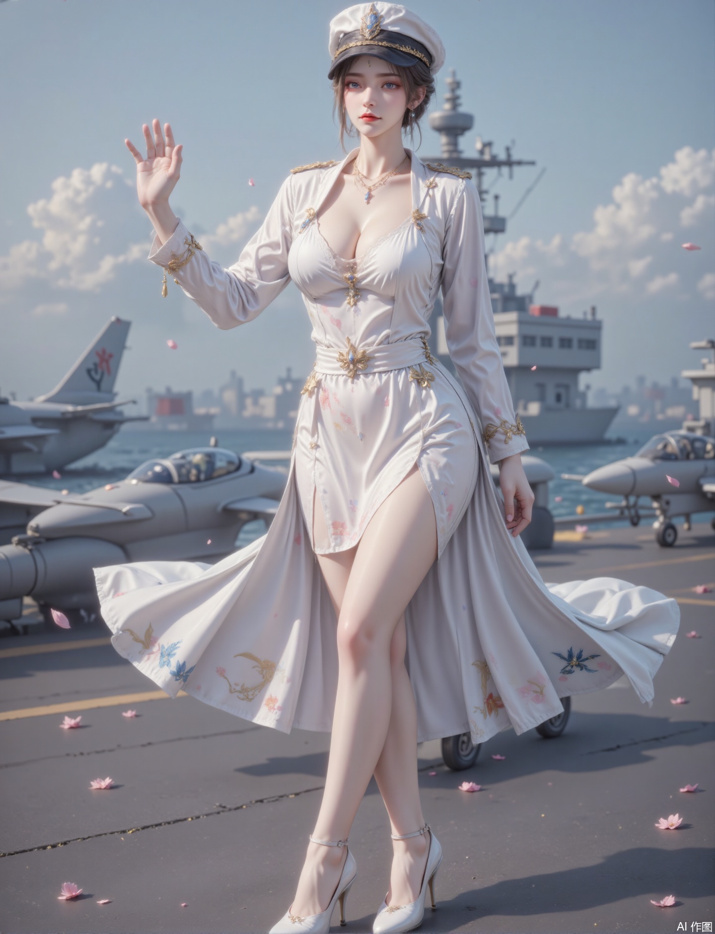 Drawing a 22-year-old female officer standing on the reviewing stand on the aircraft carrier deck, her cold white skin contrasted with the golden spike belt, and three star medals were pinned on her chest. The eyes are gentle apricot eyes with sea blue, painted with pearly light makeup, and the lips are moist coral powder. The hairstyle is made of platinum platter, embellished with miniature anchor hair accessories, and the military cap is worn obliquely to reveal broken diamond earrings. She wore an ivory white stand-up collar dress, with gold thread embroidered wave patterns on her shoulders, a waist-closing design with a knee-length umbrella skirt, the hemline was lined with silhouettes of ships of all generations, and white patent leather Mary Jade shoes. She was raising her hand, and the fighter planes behind her were ready to go. The sea breeze blew the hem of her skirt to reveal the anti-slip stockings on her calf. 3D rendering highlights the embroidered gold thread reflection and the fluctuation of the dress, and the sunlight forms a special effect of wave particles on the sea surface.