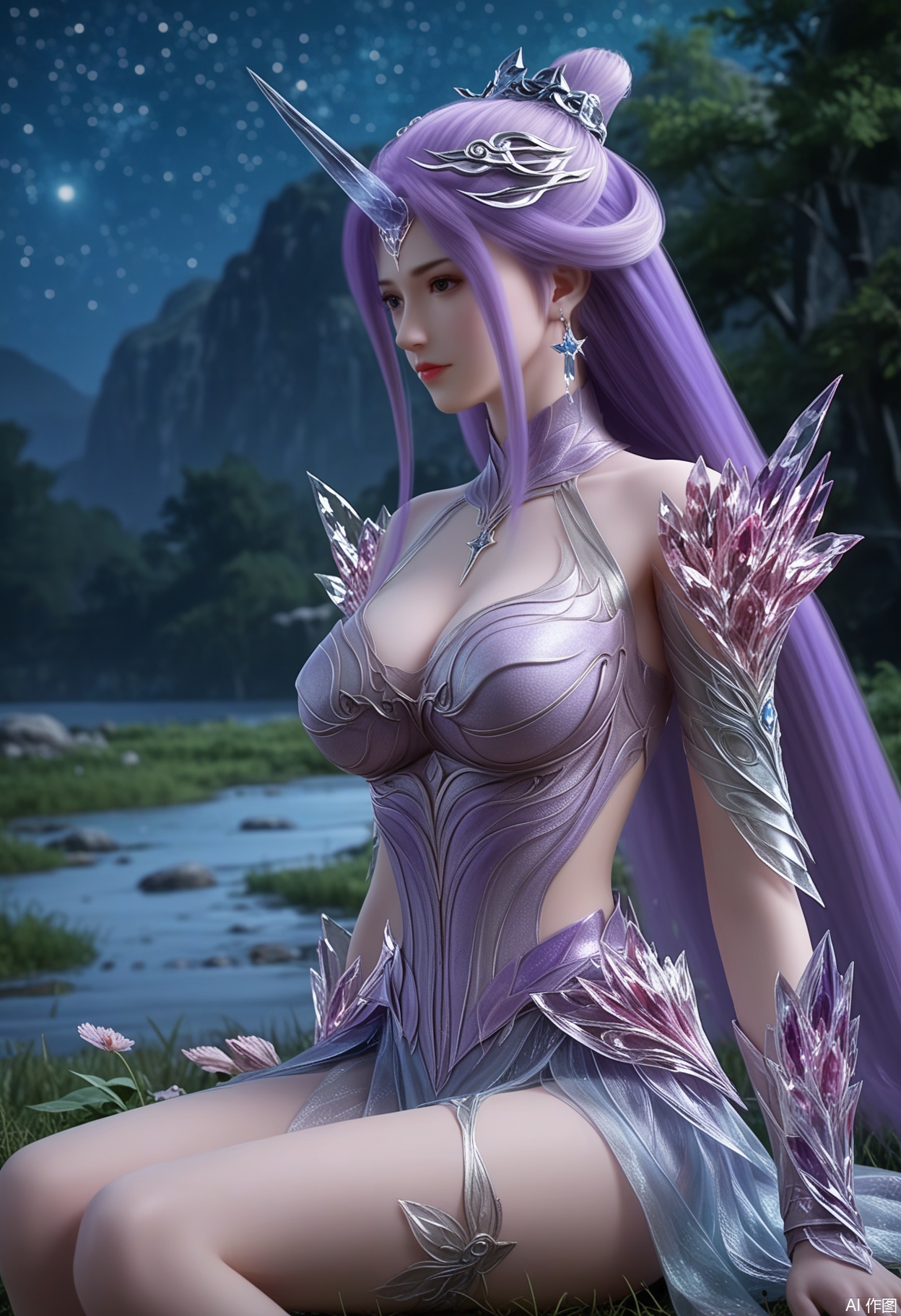 score_9,score_8_up,score_7_up,highly detailed,ultra-high best quality,masterpiece,realistic,ultra-fine painting,extreme detail description,Professional,Vivid Colors,(((extremely detailed CG unity 8k wallpaper))),an extremely delicate and beautiful,official art,sweet and delicate girl,delicate facial features,perfect bright figure,surrounded,Bright,romantic long hair,natural light,warm and sweet,a girl,((ink)),
yueliu,
1girl,long hair,purple hair,earrings,jewelry,solo,breasts,outdoors,horns,bare shoulders,hair ornament,armor,
(in a meadow:1.3),(night:1.2),(stars:1.5),((perfect legs:1.2)),(large breasts:1.2),((upper body:1.3)),
sitting

