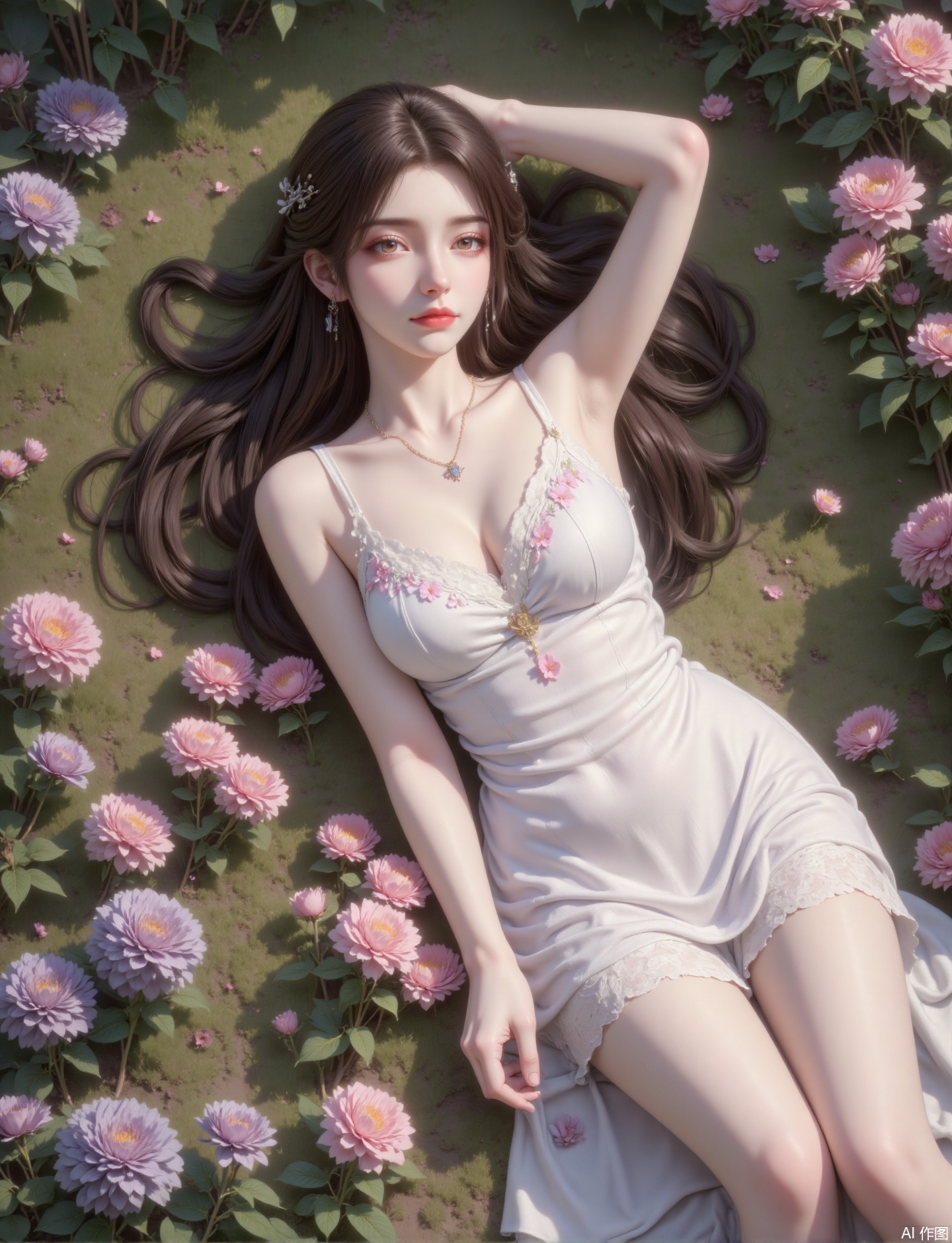 A young woman in the landscape of blooming flowers. She has long and soft hair and is wearing a white floral embroidered dress, which looks fresh and sweet overall. She lay in the flowers, closed her eyes, and the sun shone on him. Flowers of various colors bloom around them, including pink, purple, etc. The green background and sunlight shine through the branches and leaves, creating a romantic and warm atmosphere. This style is common in illustration creation with beautiful romance as the theme, showing the beautiful fusion of nature and youth
