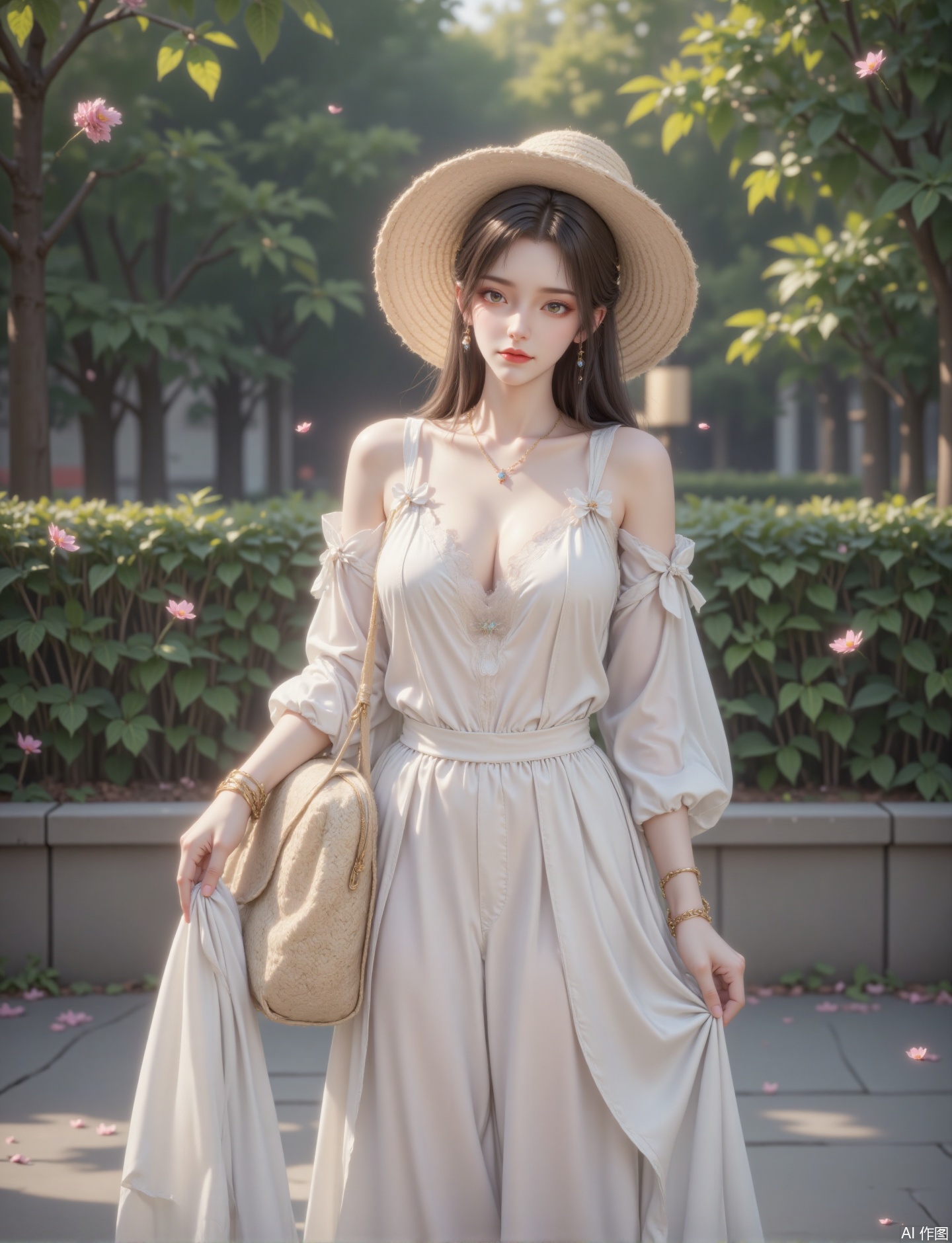 "This is a realistic digital painting. The main part of the picture is a young woman in light-colored clothes. She wore a beige straw hat with exquisite accessories on her head; a white top with lace and bows, paired with wide-leg pants in the same color, and the overall outfit is fresh and elegant. She also wore a delicate necklace, earrings and bracelets, adding a bit of gentle temperament.
In terms of posture, she carried the bag lightly in one hand, her body tilted slightly, her eyes were gentle and slightly smiling, showing a natural and friendly expression.
Light and shadow use a soft natural light effect, and light shines from the side, forming a delicate transition of light and darkness on the characters' clothing and faces, highlighting the three-dimensional sense, and creating a warm and comfortable atmosphere.
The background is a green outdoor scene, blurred trees and flowers, creating a feeling of being in a garden or natural environment, setting off the fresh and natural beauty of the subject. "