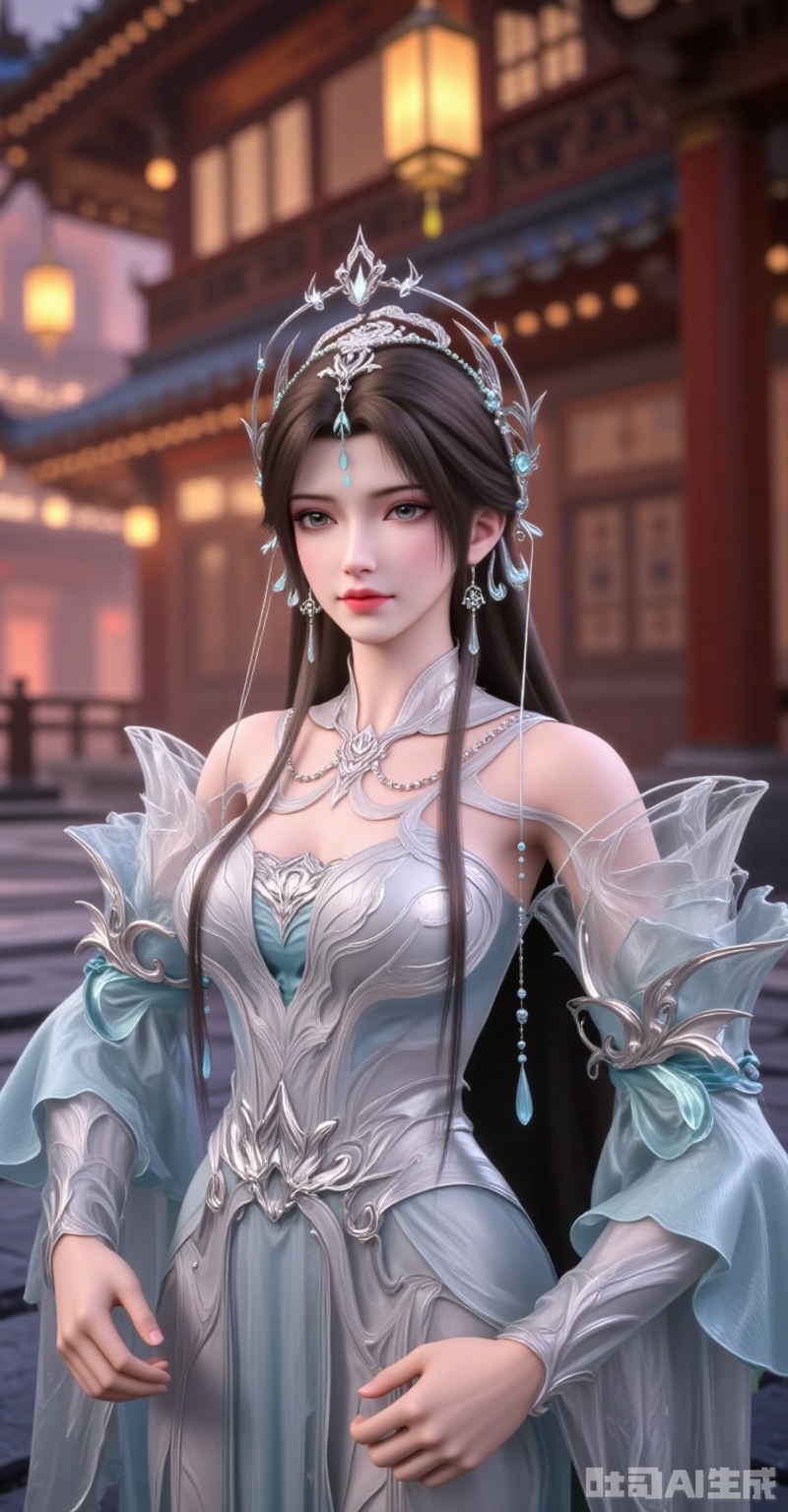 qingyi,1girl, solo, dress, jewelry, upper body, forehead mark, hair ornament, long hair, earrings, brown hair, white dress, detached sleeves, lantern, building, hair bun, facial mark, blurry background, long sleeves, tiara,lvjing