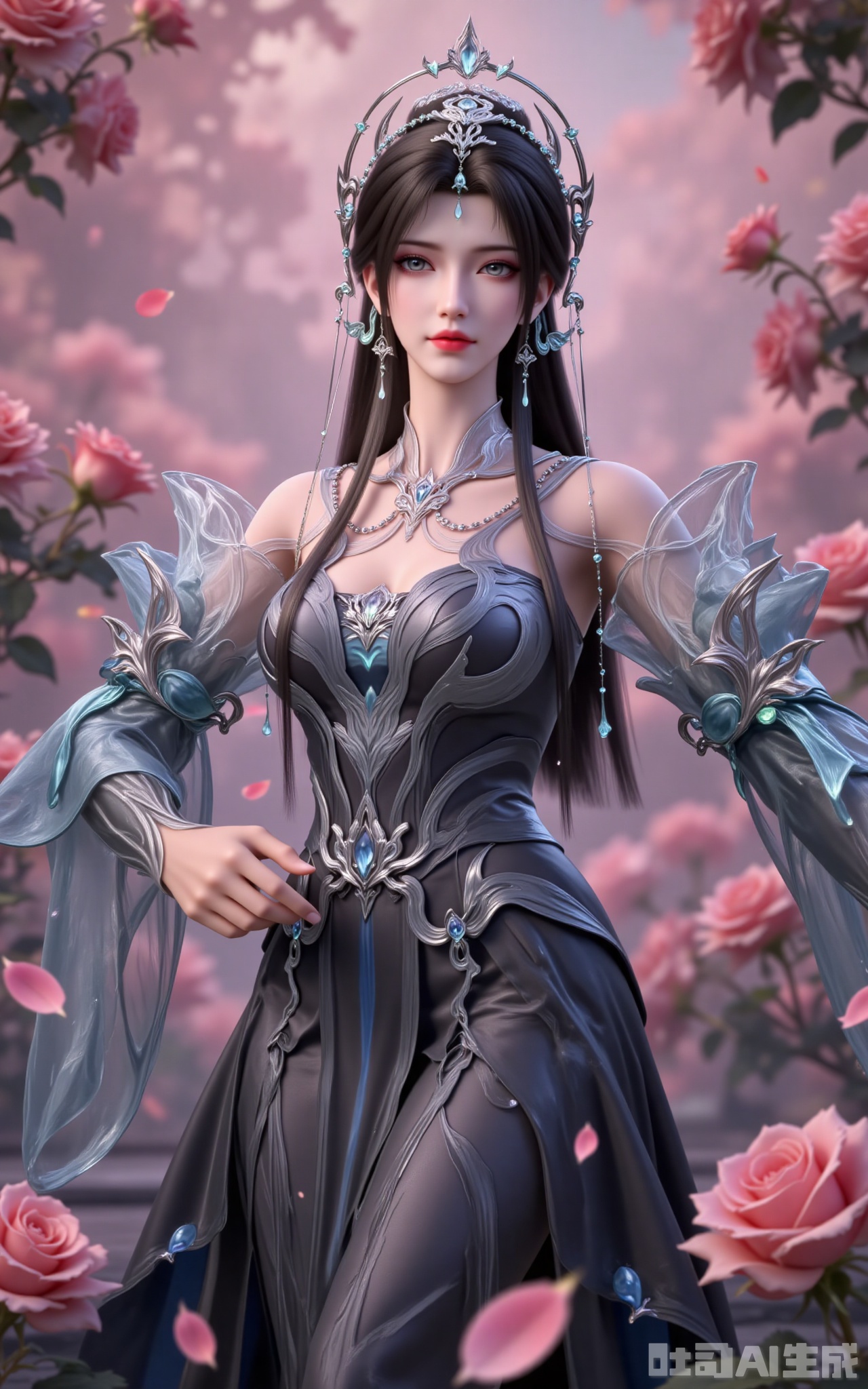 qingyi,At the heart of the frame, a stunning beauty with jet-black hair dances gracefully. Her lustrous locks cascade like a waterfall, shimmering with a pearlescent glow, while delicate silver hair ornaments accentuate her regal elegance. Her gray eyes gleam with a faint pink hue, and her lips, adorned with crimson gloss, glisten softly. She wears an opulent traditional-style gown, its exquisite tailoring highlighting her voluptuous curves. The skirt, embellished with black striped patterns and gemstone accents, sways with her movements, and the sleeves—crafted from sheer gauze and satin—sparkle with blue crystal embellishments at the cuffs.

Surrounded by a blooming rose garden, she twirls amidst a shower of petals, as if nature itself celebrates her grace. Soft light bathes the scene, seamlessly blending her ethereal presence with the enchanting backdrop. Captured from a low angle in 8K resolution, the composition exudes perfection—every detail crisp, every hue luminous—immersing the viewer in a dreamlike aura of mystery and beauty.lvjing