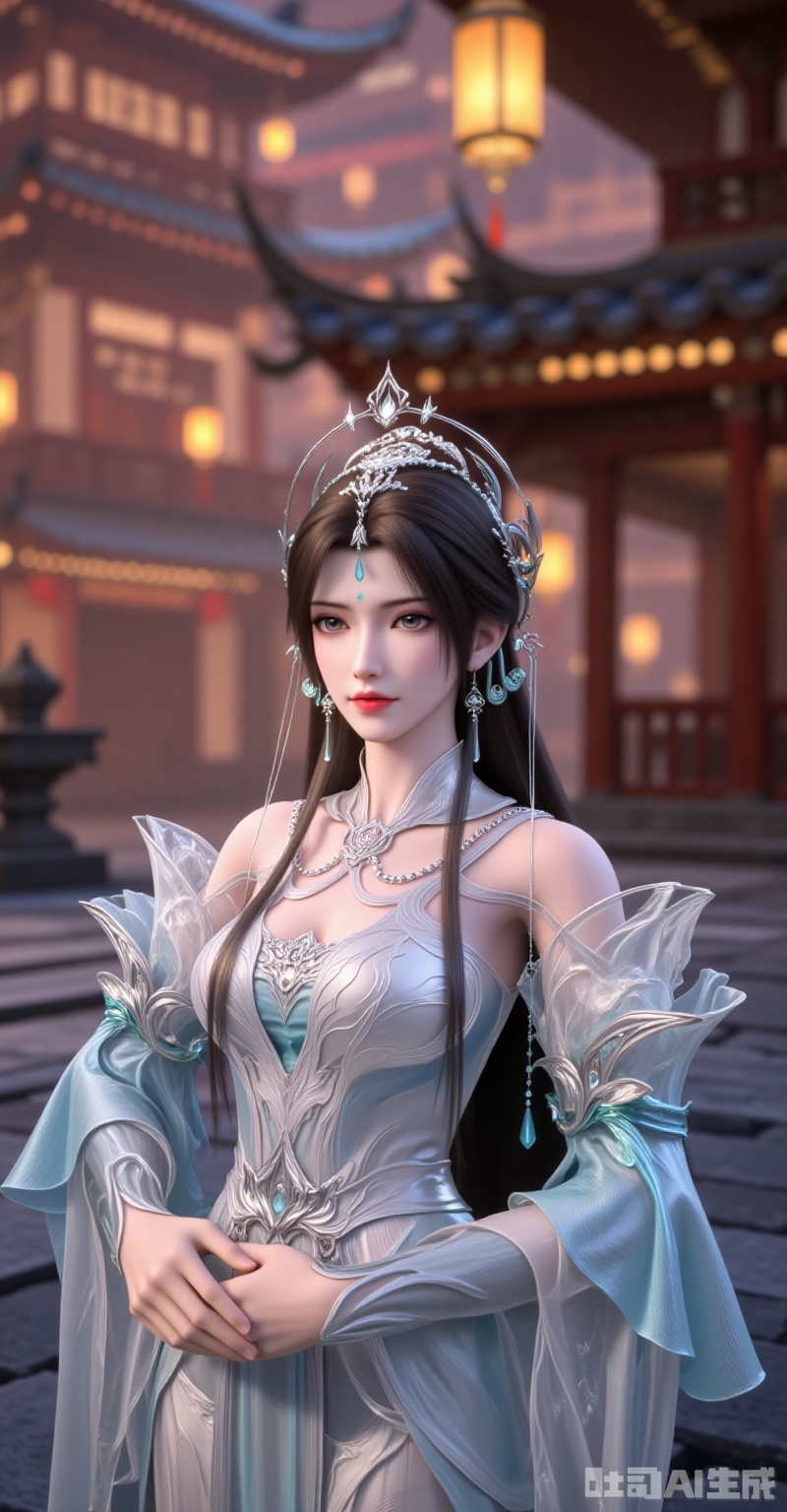 qingyi,1girl, solo, dress, jewelry, upper body, forehead mark, hair ornament, long hair, earrings, brown hair, white dress, detached sleeves, lantern, building, hair bun, facial mark, blurry background, long sleeves, tiara,lvjing