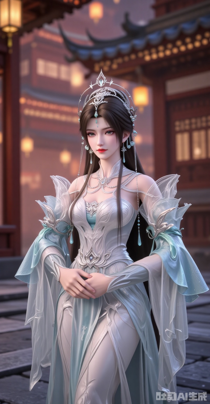 qingyi,1girl, solo, dress, jewelry, upper body, forehead mark, hair ornament, long hair, earrings, brown hair, white dress, detached sleeves, lantern, building, hair bun, facial mark, blurry background, long sleeves, tiara,lvjing