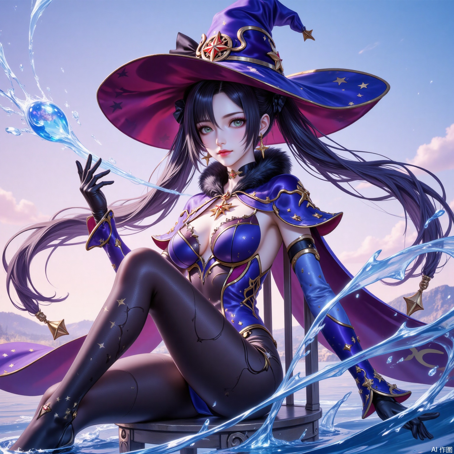 mona,1girl,mona \(genshin impact\),hat,solo,witch hat,twintails,breasts,water,gloves,long hair,leotard,pantyhose,sitting,chair,black hair,jewelry,earrings,black gloves,looking at viewer,detached sleeves,green eyes,blue leotard,medium breasts,sky,star earrings,gold trim,bodystocking,cape,choker,star \(symbol\),hydrokinesis,blue headwear,black pantyhose,hat ornament,closed mouth,gradient sky,outdoors,fur collar,capelet,floating hair,very long hair,purple headwear,aqua eyes,hair between eyes,fur trim,hair ornament,sparkle print,
cover,simple background,gradient_background,Close-up details,outstanding style,adding a touch of dimension to your images without compromising details,lvjing