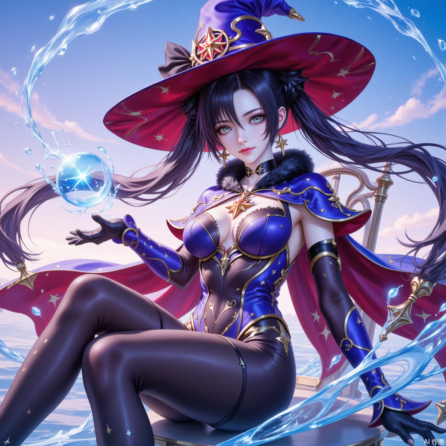 mona,1girl,mona \(genshin impact\),hat,solo,witch hat,twintails,breasts,water,gloves,long hair,leotard,pantyhose,sitting,chair,black hair,jewelry,earrings,black gloves,looking at viewer,detached sleeves,green eyes,blue leotard,medium breasts,sky,star earrings,gold trim,bodystocking,cape,choker,star \(symbol\),hydrokinesis,blue headwear,black pantyhose,hat ornament,closed mouth,gradient sky,outdoors,fur collar,capelet,floating hair,very long hair,purple headwear,aqua eyes,hair between eyes,fur trim,hair ornament,sparkle print,
cover,simple background,gradient_background,Close-up details,outstanding style,adding a touch of dimension to your images without compromising details,lvjing