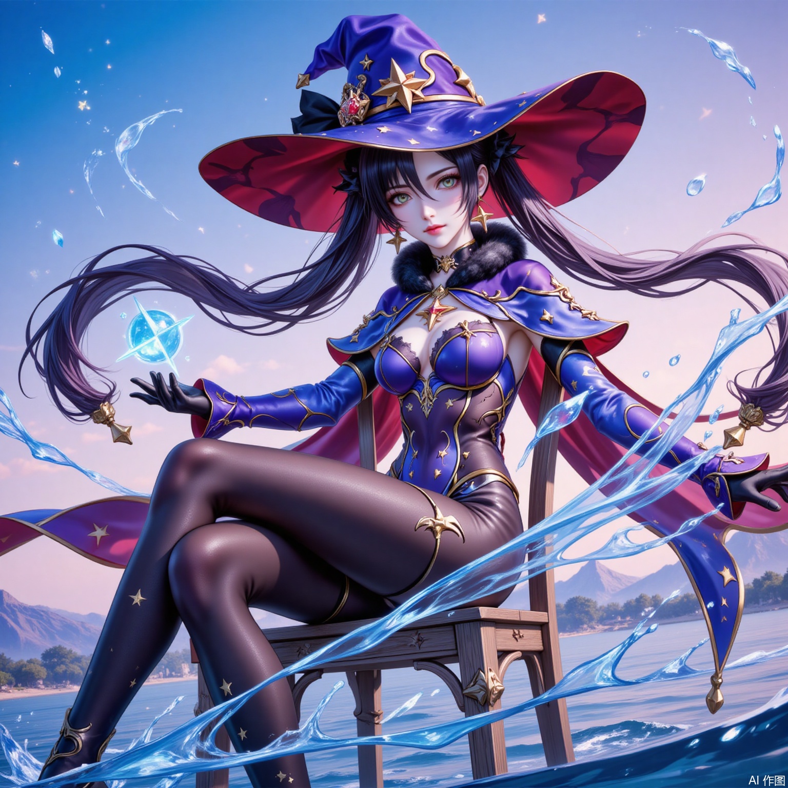 mona,1girl,mona \(genshin impact\),hat,solo,witch hat,twintails,breasts,water,gloves,long hair,leotard,pantyhose,sitting,chair,black hair,jewelry,earrings,black gloves,looking at viewer,detached sleeves,green eyes,blue leotard,medium breasts,sky,star earrings,gold trim,bodystocking,cape,choker,star \(symbol\),hydrokinesis,blue headwear,black pantyhose,hat ornament,closed mouth,gradient sky,outdoors,fur collar,capelet,floating hair,very long hair,purple headwear,aqua eyes,hair between eyes,fur trim,hair ornament,sparkle print,
cover,simple background,gradient_background,Close-up details,outstanding style,adding a touch of dimension to your images without compromising details,lvjing