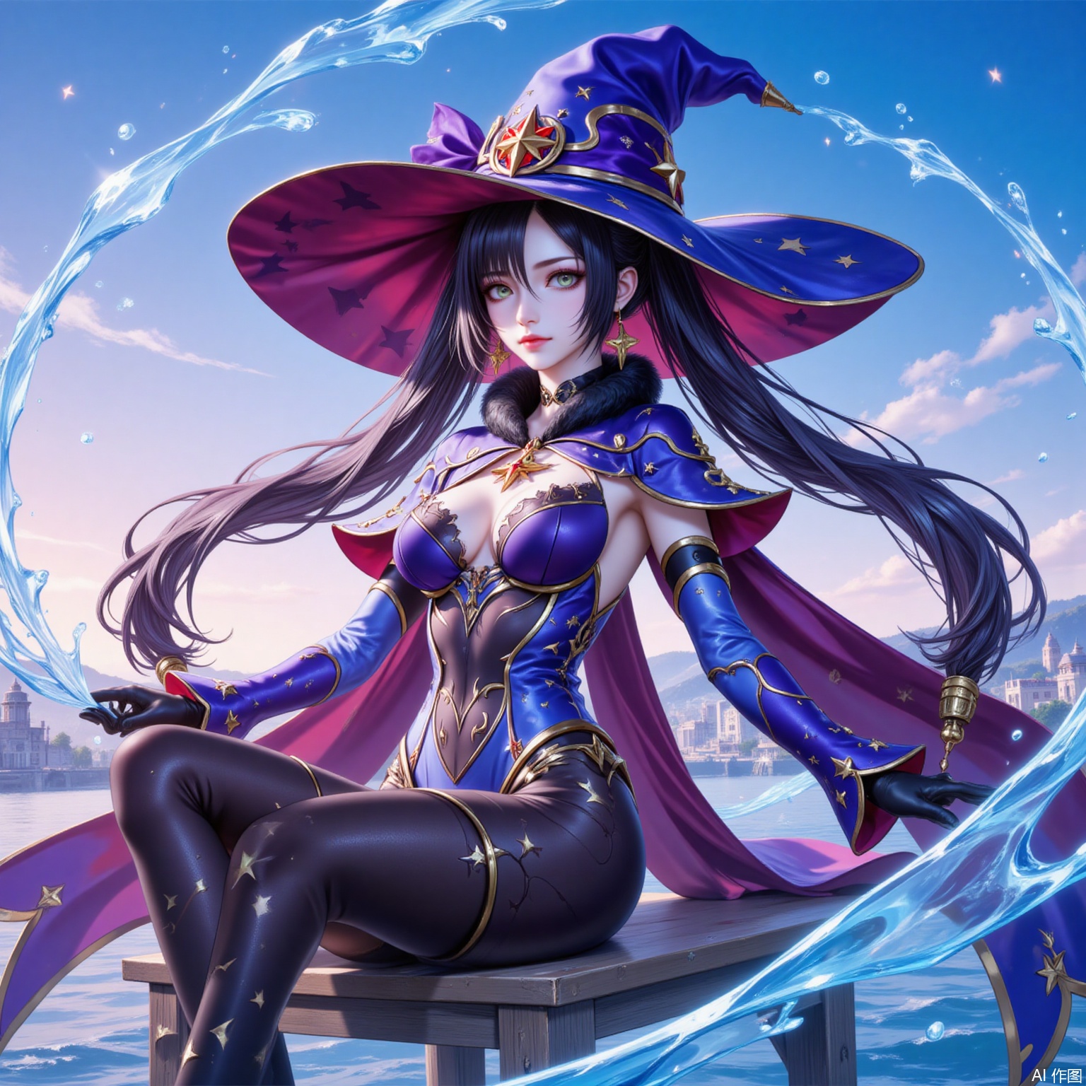 mona,1girl,mona \(genshin impact\),hat,solo,witch hat,twintails,breasts,water,gloves,long hair,leotard,pantyhose,sitting,chair,black hair,jewelry,earrings,black gloves,looking at viewer,detached sleeves,green eyes,blue leotard,medium breasts,sky,star earrings,gold trim,bodystocking,cape,choker,star \(symbol\),hydrokinesis,blue headwear,black pantyhose,hat ornament,closed mouth,gradient sky,outdoors,fur collar,capelet,floating hair,very long hair,purple headwear,aqua eyes,hair between eyes,fur trim,hair ornament,sparkle print,
cover,simple background,gradient_background,Close-up details,outstanding style,adding a touch of dimension to your images without compromising details,lvjing