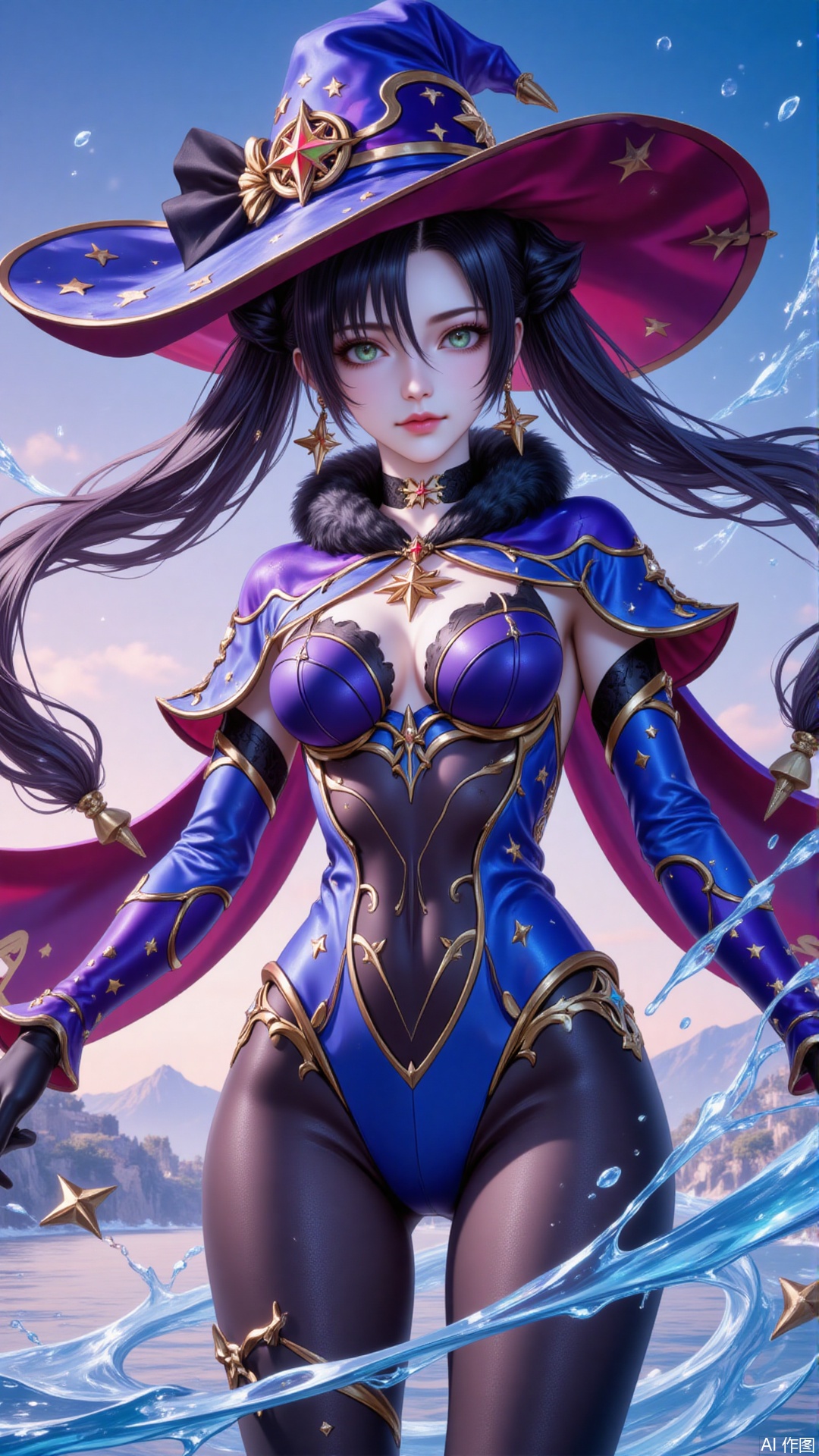 ,mona,1girl,mona \(genshin impact\),hat,solo,witch hat,twintails,breasts,water,gloves,long hair,leotard,pantyhose,black hair,jewelry,earrings,black gloves,looking at viewer,detached sleeves,green eyes,blue leotard,medium breasts,sky,star earrings,gold trim,bodystocking,cape,choker,star \(symbol\),hydrokinesis,blue headwear,black pantyhose,hat ornament,closed mouth,gradient sky,outdoors,fur collar,capelet,floating hair,very long hair,purple headwear,aqua eyes,hair between eyes,fur trim,hair ornament,sparkle print,upper_body,cover,simple background,gradient_background,Close-up details,outstanding style,adding a touch of dimension to your images without compromising details,lvjing