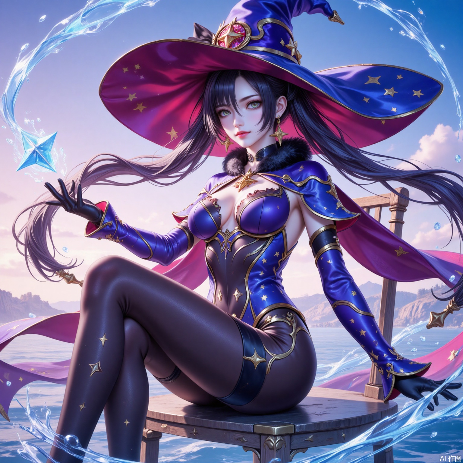 mona,1girl,mona \(genshin impact\),hat,solo,witch hat,twintails,breasts,water,gloves,long hair,leotard,pantyhose,sitting,chair,black hair,jewelry,earrings,black gloves,looking at viewer,detached sleeves,green eyes,blue leotard,medium breasts,sky,star earrings,gold trim,bodystocking,cape,choker,star \(symbol\),hydrokinesis,blue headwear,black pantyhose,hat ornament,closed mouth,gradient sky,outdoors,fur collar,capelet,floating hair,very long hair,purple headwear,aqua eyes,hair between eyes,fur trim,hair ornament,sparkle print,
cover,simple background,gradient_background,Close-up details,outstanding style,adding a touch of dimension to your images without compromising details,lvjing