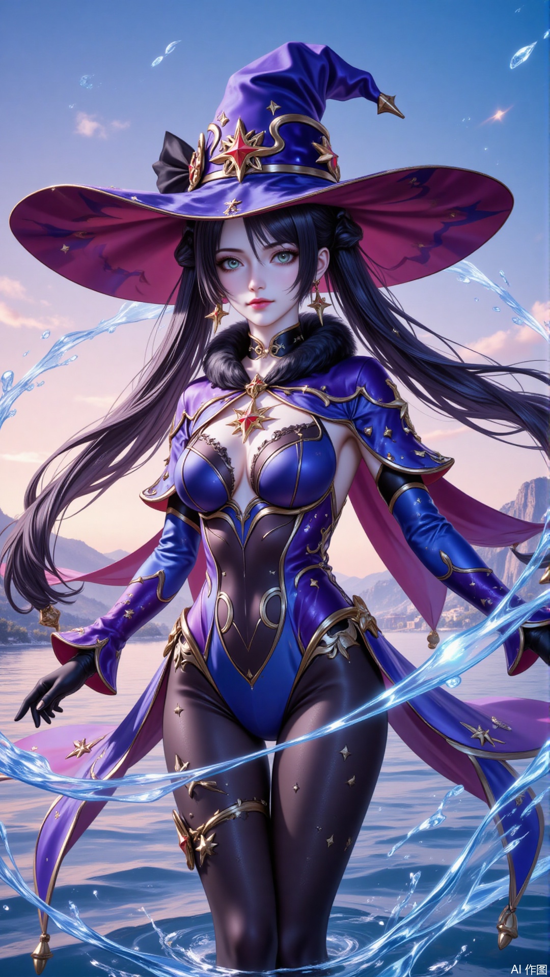 ,mona,1girl,mona \(genshin impact\),hat,solo,witch hat,twintails,breasts,water,gloves,long hair,leotard,pantyhose,black hair,jewelry,earrings,black gloves,looking at viewer,detached sleeves,green eyes,blue leotard,medium breasts,sky,star earrings,gold trim,bodystocking,cape,choker,star \(symbol\),hydrokinesis,blue headwear,black pantyhose,hat ornament,closed mouth,gradient sky,outdoors,fur collar,capelet,floating hair,very long hair,purple headwear,aqua eyes,hair between eyes,fur trim,hair ornament,sparkle print,upper_body,cover,simple background,gradient_background,Close-up details,outstanding style,adding a touch of dimension to your images without compromising details,lvjing