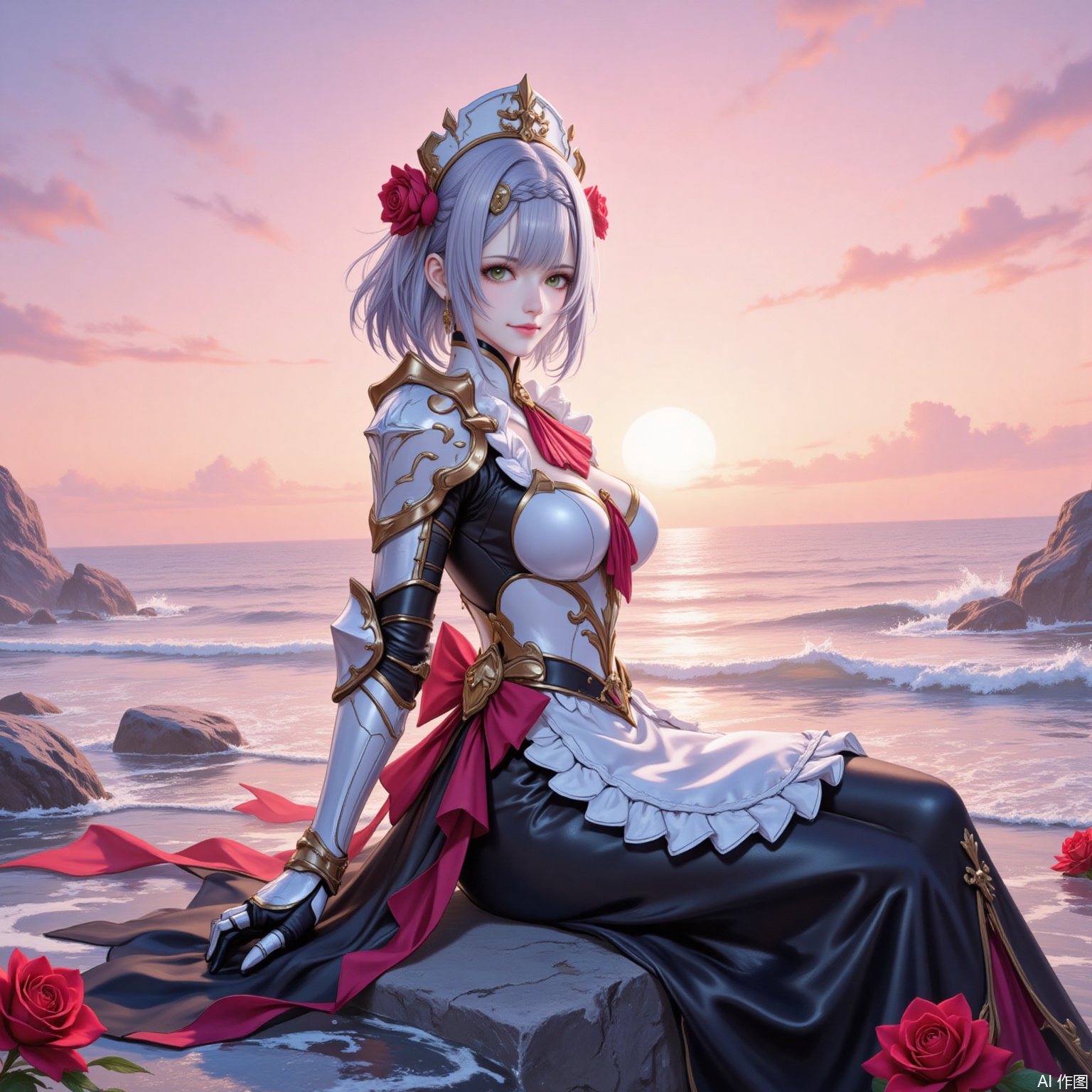 nuoaier,1girl,noelle \(genshin impact\),solo,armor,green eyes,flower,breasts,braid,rose,hair flower,looking at viewer,red flower,short hair,hair ornament,red rose,sitting,stone,smile,grey hair,shoulder armor,medium breasts,ascot,maid headdress,apron,red ascot,armored dress,water,maid,sunset,outdoors,gauntlets,closed mouth,ocean,sky,from side,breastplate,dress,blunt bangs,6,
cover,simple background,gradient_background,Close-up details,outstanding style,adding a touch of dimension to your images without compromising details,lvjing