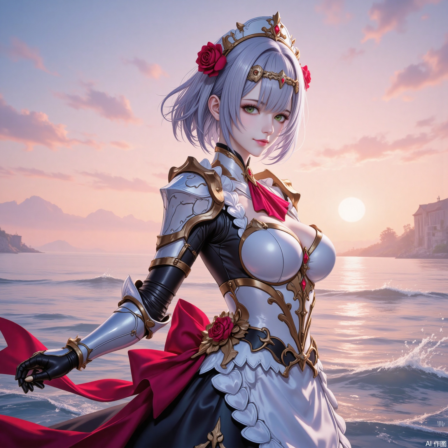 nuoaier,1girl,noelle \(genshin impact\),solo,armor,green eyes,flower,breasts,braid,rose,hair flower,looking at viewer,red flower,short hair,hair ornament,red rose,smile,grey hair,shoulder armor,medium breasts,ascot,maid headdress,apron,red ascot,armored dress,water,maid,sunset,outdoors,gauntlets,closed mouth,ocean,sky,from side,breastplate,dress,blunt bangs,6,cover,simple background,gradient_background,
cover,simple background,gradient_background,Close-up details,outstanding style,adding a touch of dimension to your images without compromising details,lvjing