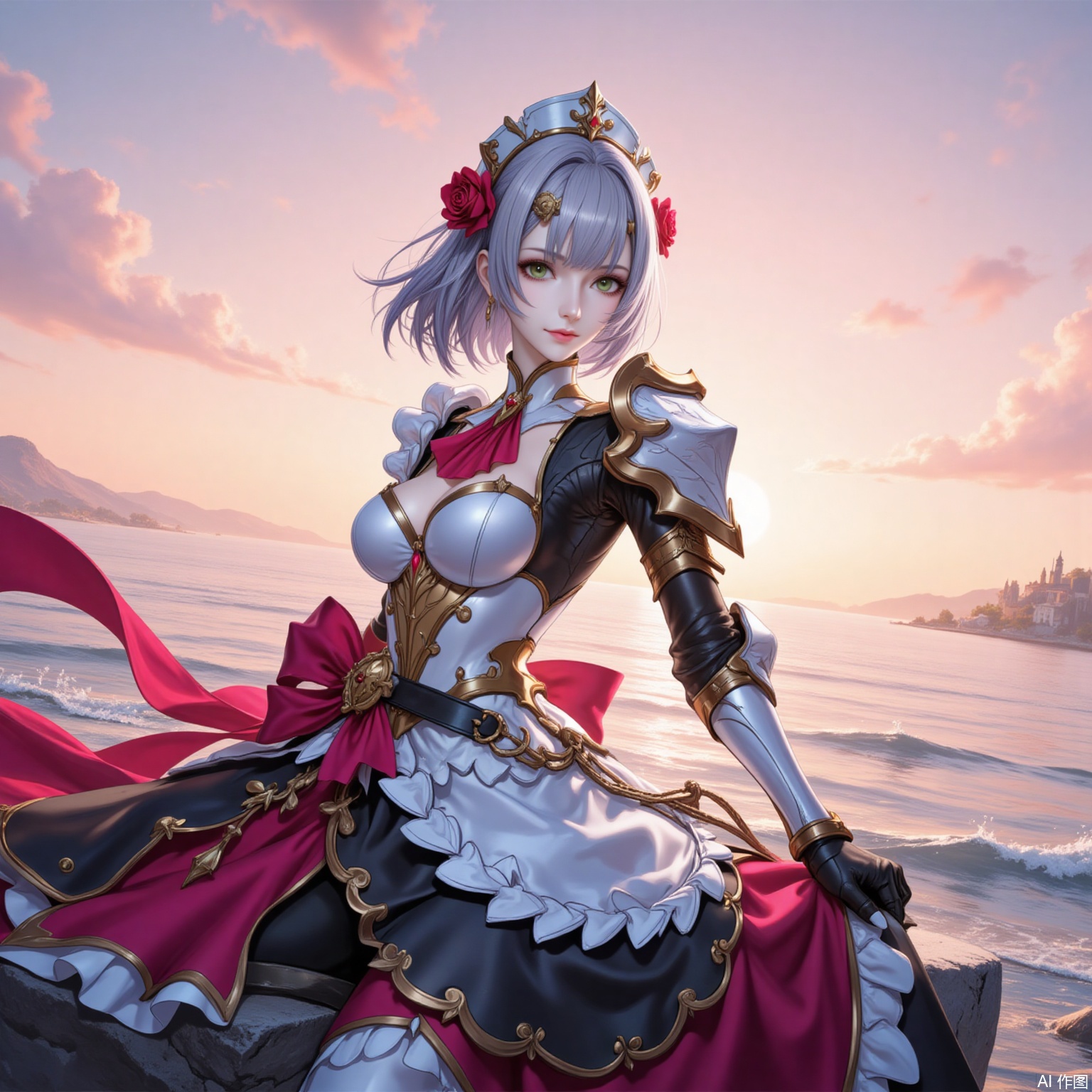 nuoaier,1girl,noelle \(genshin impact\),solo,armor,green eyes,flower,breasts,braid,rose,hair flower,looking at viewer,red flower,short hair,hair ornament,red rose,sitting,stone,smile,grey hair,shoulder armor,medium breasts,ascot,maid headdress,apron,red ascot,armored dress,water,maid,sunset,outdoors,gauntlets,closed mouth,ocean,sky,from side,breastplate,dress,blunt bangs,6,
cover,simple background,gradient_background,Close-up details,outstanding style,adding a touch of dimension to your images without compromising details,lvjing