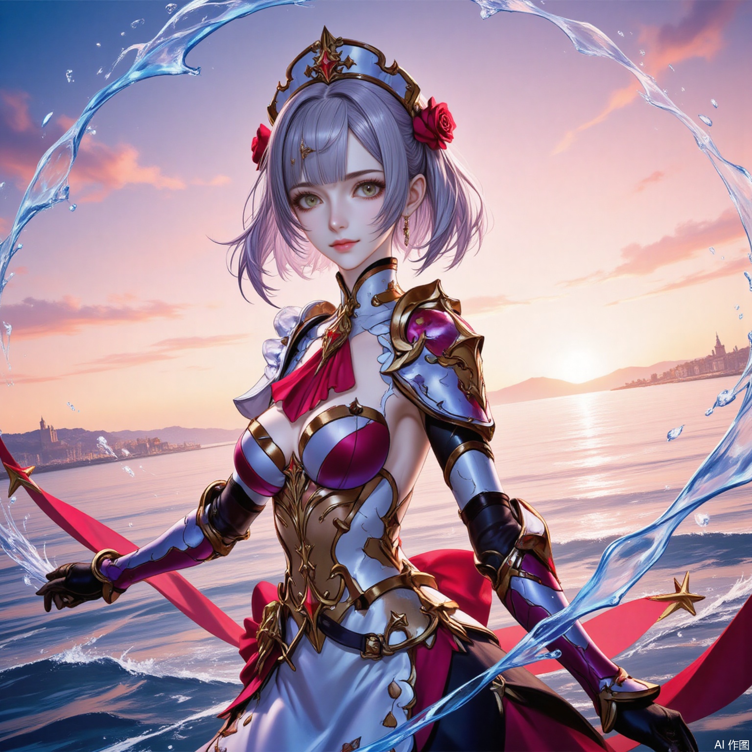 nuoaier,1girl,noelle \(genshin impact\),solo,armor,green eyes,flower,breasts,braid,rose,hair flower,looking at viewer,red flower,short hair,hair ornament,red rose,smile,grey hair,shoulder armor,medium breasts,ascot,maid headdress,apron,red ascot,armored dress,water,maid,sunset,outdoors,gauntlets,closed mouth,ocean,sky,from side,breastplate,dress,blunt bangs,6,cover,simple background,gradient_background,
cover,simple background,gradient_background,Close-up details,outstanding style,adding a touch of dimension to your images without compromising details,lvjing