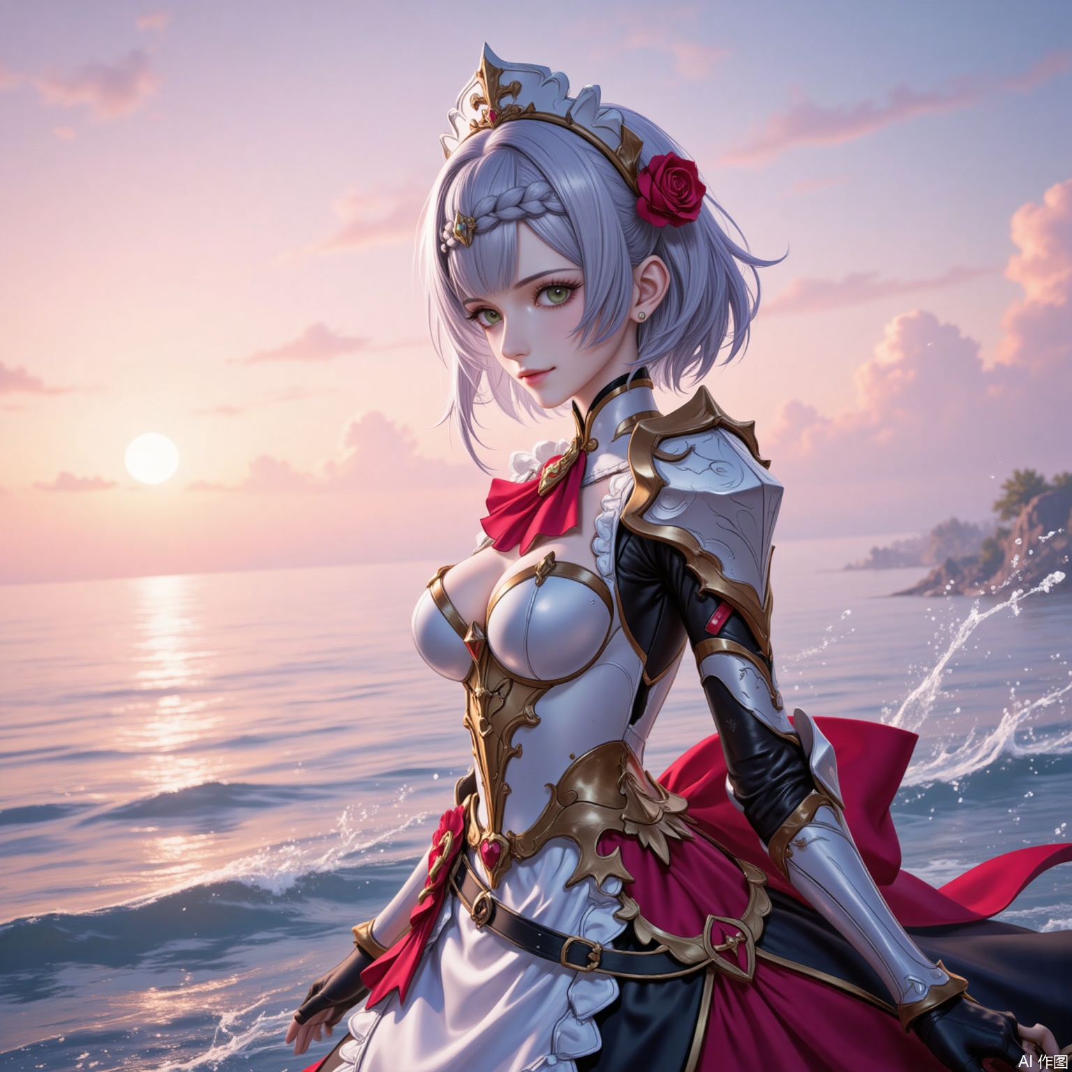 nuoaier,1girl,noelle \(genshin impact\),solo,armor,green eyes,flower,breasts,braid,rose,hair flower,looking at viewer,red flower,short hair,hair ornament,red rose,smile,grey hair,shoulder armor,medium breasts,ascot,maid headdress,apron,red ascot,armored dress,water,maid,sunset,outdoors,gauntlets,closed mouth,ocean,sky,from side,breastplate,dress,blunt bangs,6,cover,simple background,gradient_background,
cover,simple background,gradient_background,Close-up details,outstanding style,adding a touch of dimension to your images without compromising details,lvjing
