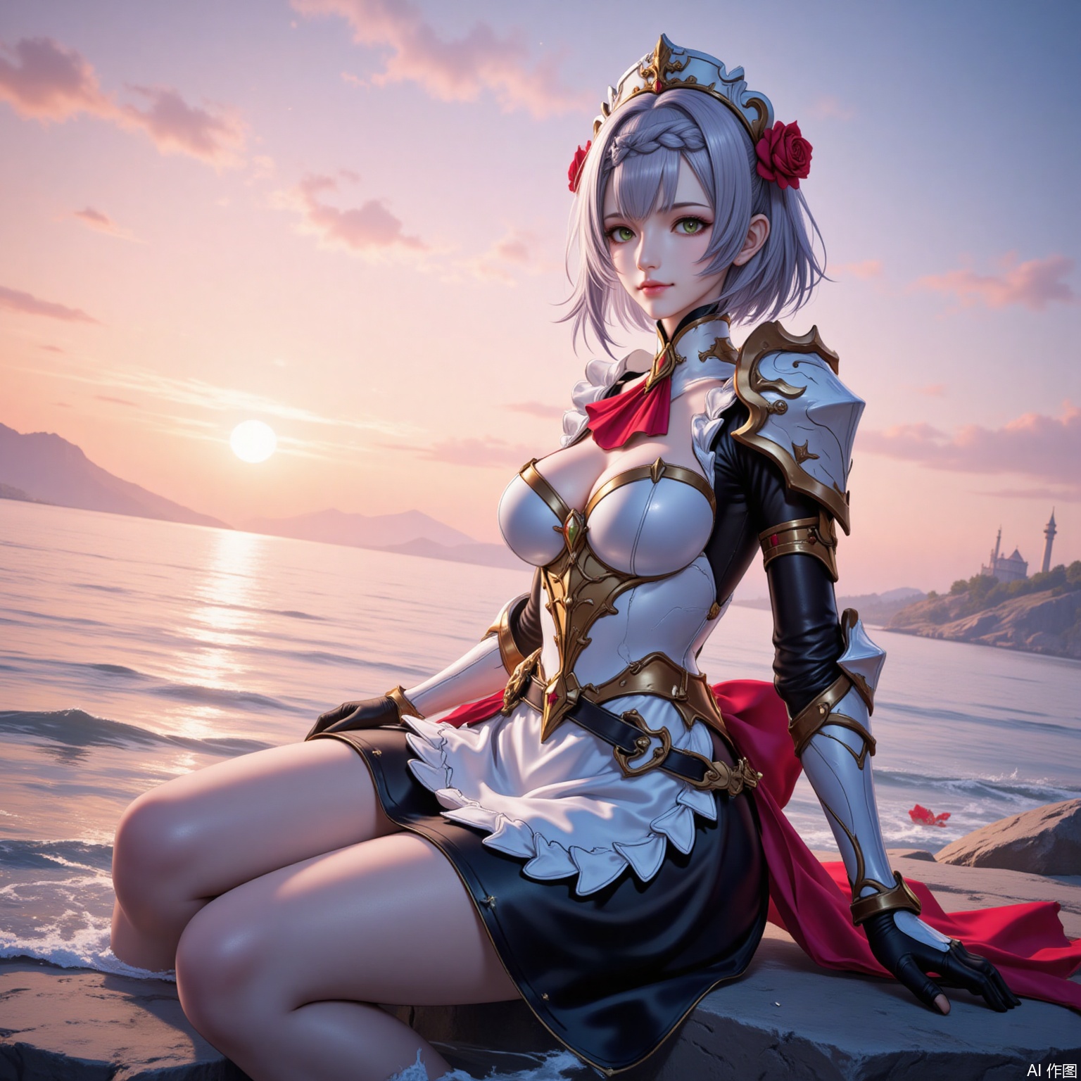 nuoaier,1girl,noelle \(genshin impact\),solo,armor,green eyes,flower,breasts,braid,rose,hair flower,looking at viewer,red flower,short hair,hair ornament,red rose,sitting,stone,smile,grey hair,shoulder armor,medium breasts,ascot,maid headdress,apron,red ascot,armored dress,water,maid,sunset,outdoors,gauntlets,closed mouth,ocean,sky,from side,breastplate,dress,blunt bangs,6,
cover,simple background,gradient_background,Close-up details,outstanding style,adding a touch of dimension to your images without compromising details,lvjing