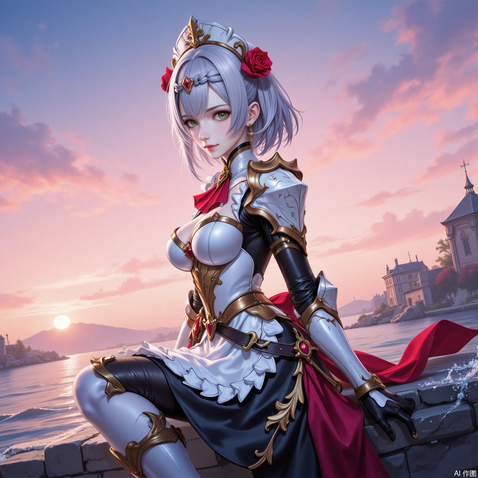 nuoaier,1girl,noelle \(genshin impact\),solo,armor,green eyes,flower,breasts,braid,rose,hair flower,looking at viewer,red flower,short hair,hair ornament,red rose,sitting,stone,smile,grey hair,shoulder armor,medium breasts,ascot,maid headdress,apron,red ascot,armored dress,water,maid,sunset,outdoors,gauntlets,closed mouth,ocean,sky,from side,breastplate,dress,blunt bangs,6,
cover,simple background,gradient_background,Close-up details,outstanding style,adding a touch of dimension to your images without compromising details,lvjing