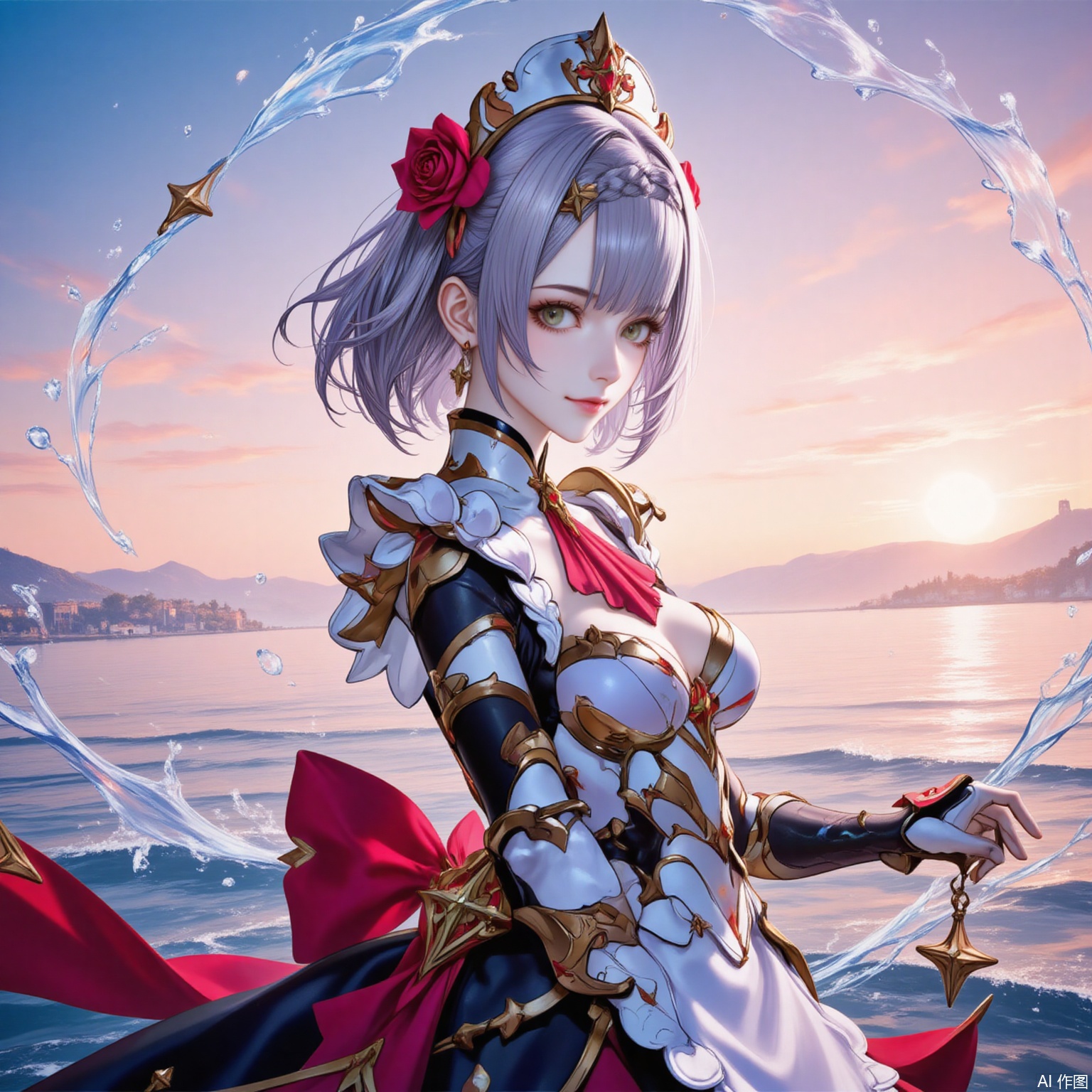 nuoaier,1girl,noelle \(genshin impact\),solo,armor,green eyes,flower,breasts,braid,rose,hair flower,looking at viewer,red flower,short hair,hair ornament,red rose,smile,grey hair,shoulder armor,medium breasts,ascot,maid headdress,apron,red ascot,armored dress,water,maid,sunset,outdoors,gauntlets,closed mouth,ocean,sky,from side,breastplate,dress,blunt bangs,6,cover,simple background,gradient_background,
cover,simple background,gradient_background,Close-up details,outstanding style,adding a touch of dimension to your images without compromising details,lvjing