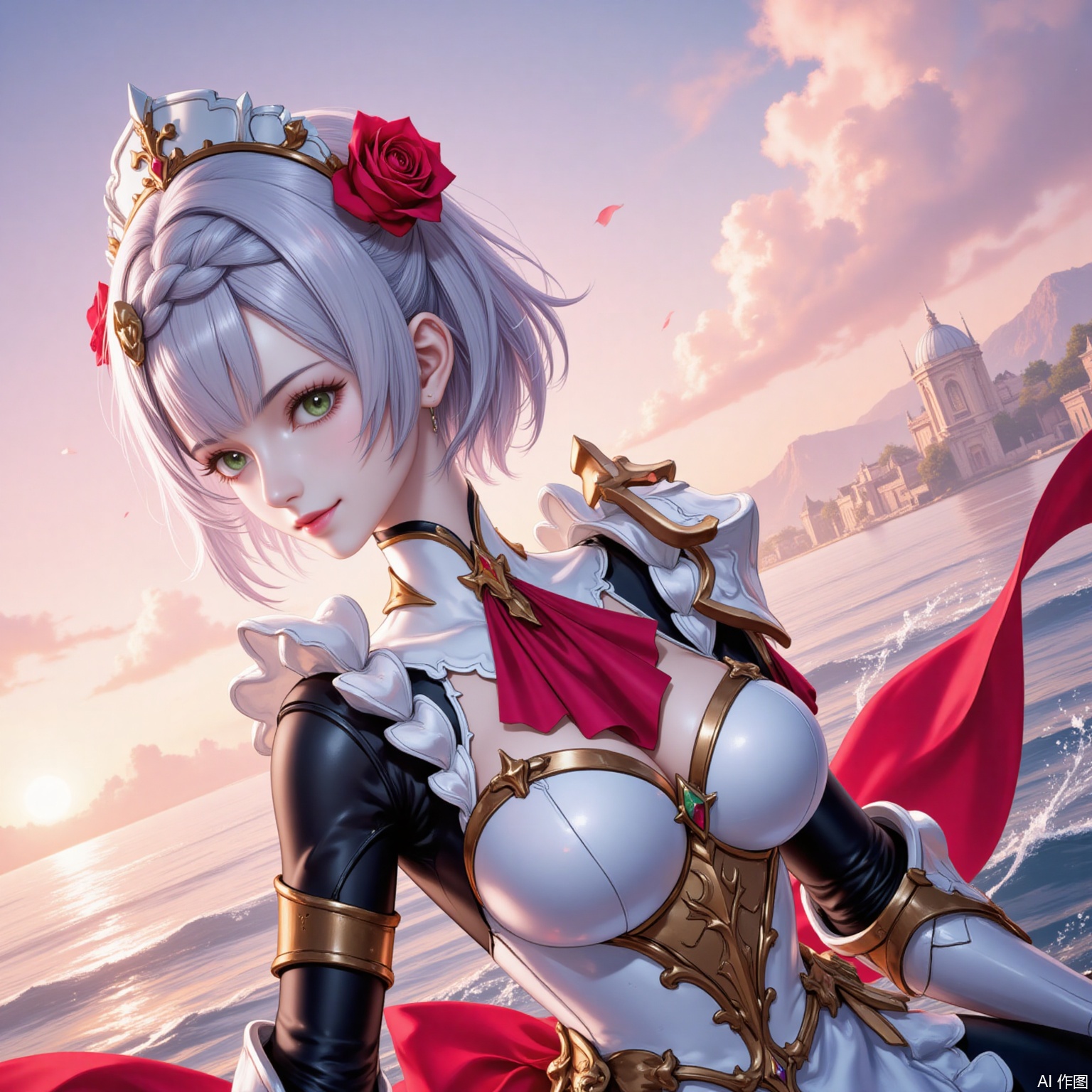 nuoaier,1girl,noelle \(genshin impact\),solo,armor,green eyes,flower,breasts,braid,rose,hair flower,looking at viewer,red flower,short hair,hair ornament,red rose,smile,grey hair,shoulder armor,medium breasts,ascot,maid headdress,apron,red ascot,armored dress,water,maid,sunset,outdoors,gauntlets,closed mouth,ocean,sky,from side,breastplate,dress,blunt bangs,6,cover,simple background,gradient_background,
cover,simple background,gradient_background,Close-up details,outstanding style,adding a touch of dimension to your images without compromising details,lvjing