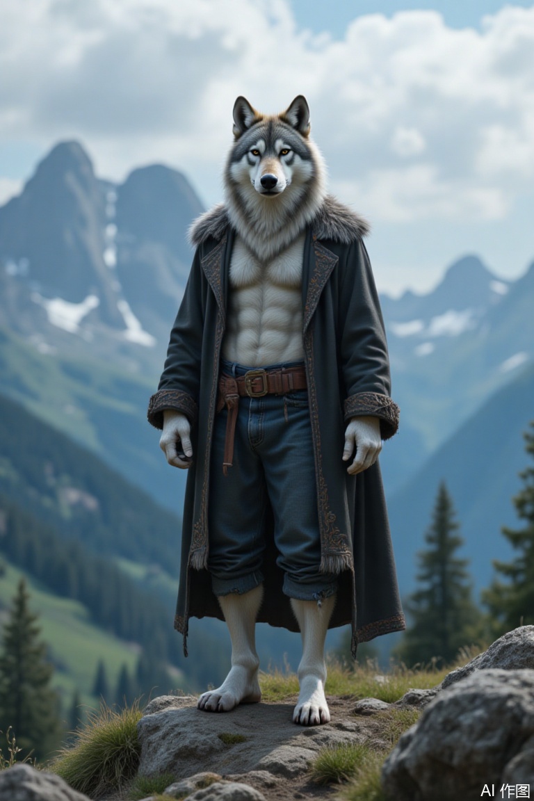 The gray wolf stands in a human posture,A gray-haired wolf stood on the top of the mountain in a human posture, looking so lonely, with long hair and very chic.,Anthropomorphic animal