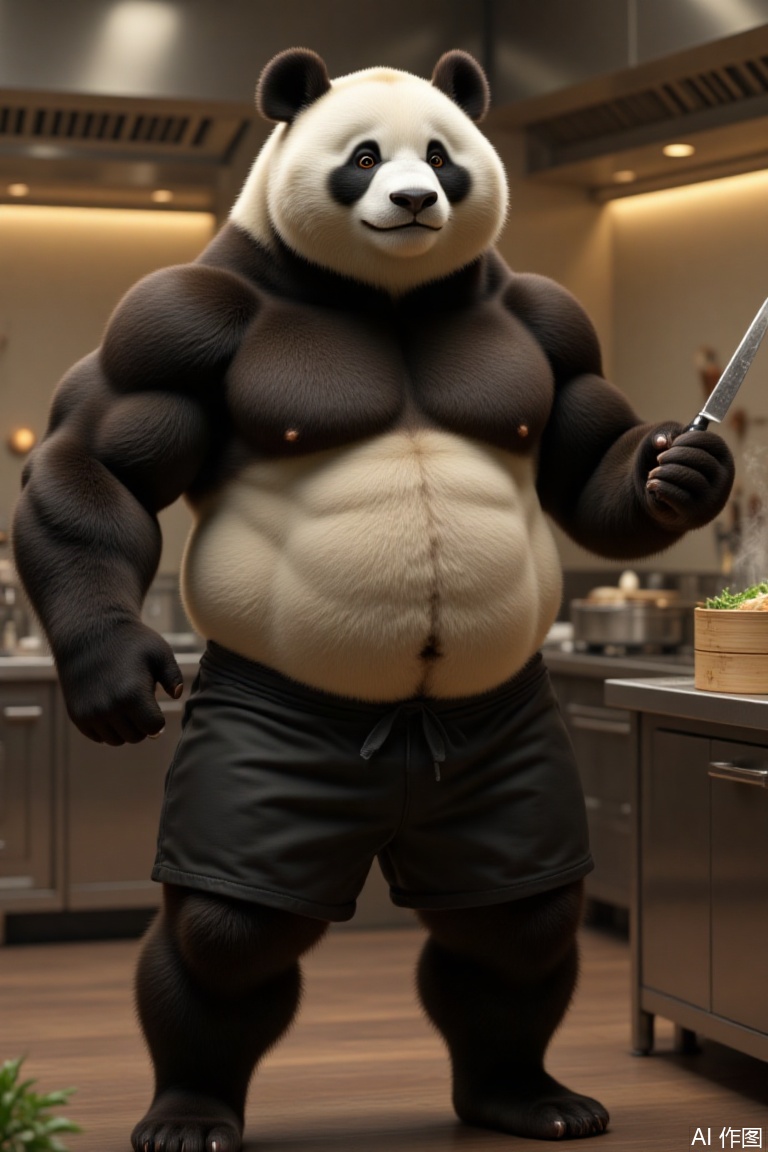 A realistic, muscular male panda chef: A well-built panda with a strong, slightly chubby physique, showcasing natural muscle definition under its black-and-white fur. It wears only a pair of tight black shorts, emphasizing its robust thighs and waistline. The panda stands confidently in a modern kitchen, holding a chef’s knife in one paw and a bamboo steamer in the other. Its fur is highly detailed, with soft textures and subtle highlights from the kitchen’s warm lighting. The background features stainless steel countertops, steaming pots, and fresh ingredients like bamboo shoots and vegetables. Focus on realistic anatomy, fur texture, and the interplay of light and shadow in the kitchen setting.