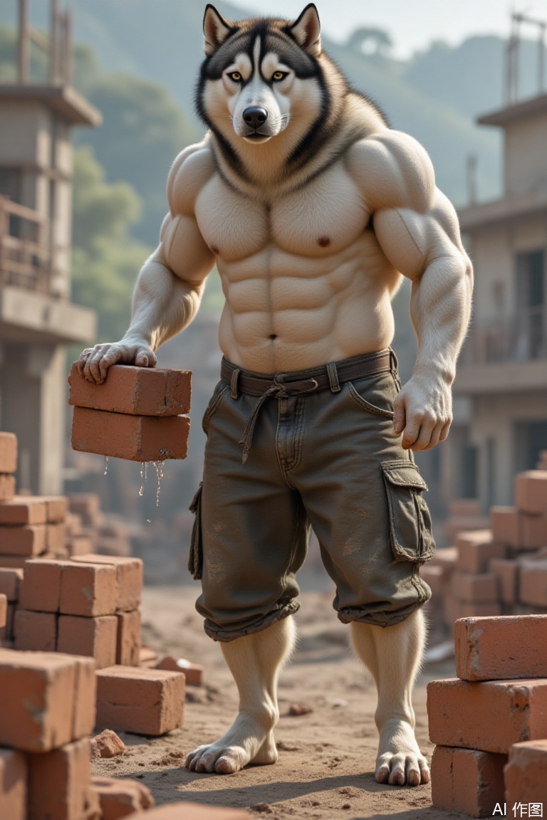 A mighty and tall husky stood in a human posture. He worked hard to carry bricks on the construction site, and sweat kept sliding down from him. The body is in a state where fat wraps around the muscles.