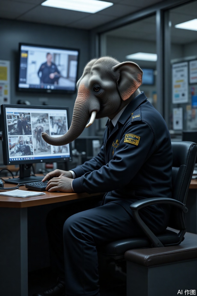 Prompt: Uncle elephant was wearing a security suit,  in the security room, sitting on the bench in the security booth in a human position. In front of him was a computer display screen, and the video surveillance was displayed on the display screen.