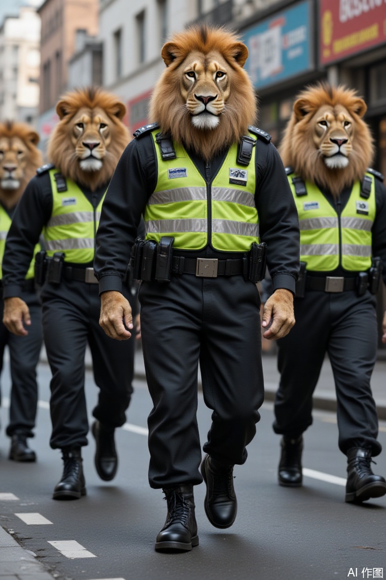 A group of mighty and domineering lion police officers patrolled the city streets, walking in a human posture, straightened their bodies, and pressed their hands on the equipment on the belt around their waists to prevent other animals from suddenly attacking. They wore black uniforms and yellow reflective vests.