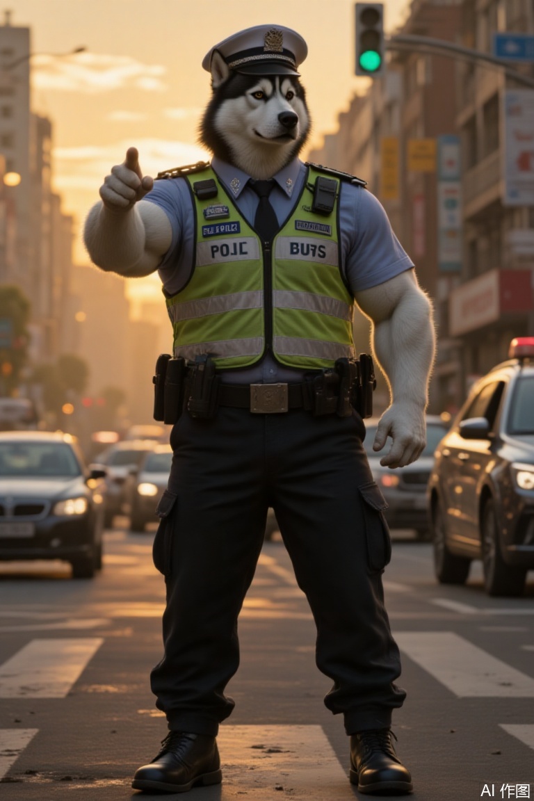 Realistic style, Husky, with distinct black - and - white fur and strong muscles, human body wearing a police uniform, a reflective vest, a police cap, standing at the city intersection in a commanding posture, the light is warm and yellow at dusk, the expression is focused and 威严,the background is the traffic flow, buildings and green lights, showing the traffic duty scene, dust adds realism.,Anthropomorphic animal
