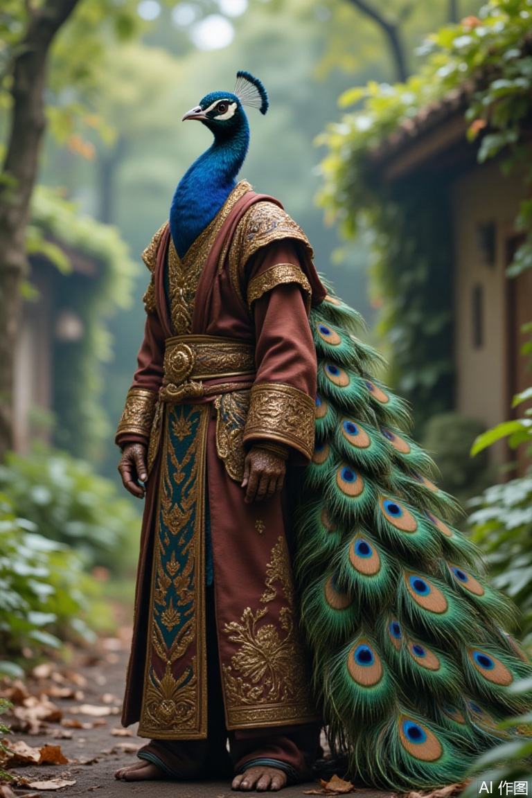 A peacock stood in a human posture, wearing gorgeous clothes, with his tail behind him spread out, just right beauty
