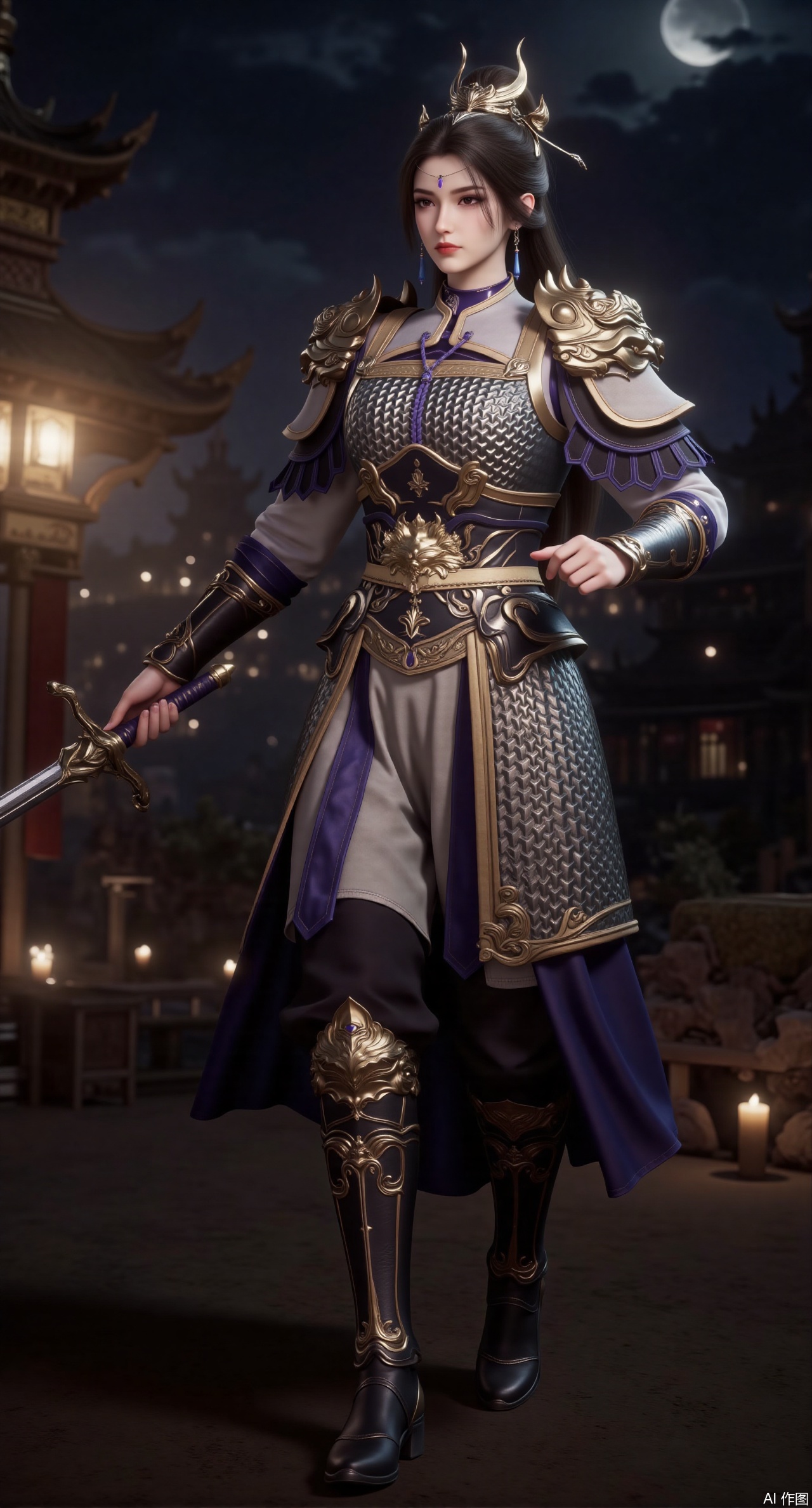 (masterpiece:1.2),best quality,(UE5.5,rendered with Unreal Engine 5,Unreal Engine 5,CG rendering:1.1),female general in black-gold armor, high ponytail, holding sword, nighttime battlefield, firelight reflection, powerful aura, high resolution, face-focused, strong light contrast, natural skin texture, dynamic composition,(huge breasts:2.99),(full breasts:2.99),,Xqianqianmeinu,Xmoxionghanfu,Xleisiqipao,Xxeushengxiaofu,Xxiajixiaofu,Xzileisiqipao,XluxueqiXY2,Xyaoyuexianzi,Xyuyuanchuyu2,Xfenhanfududou