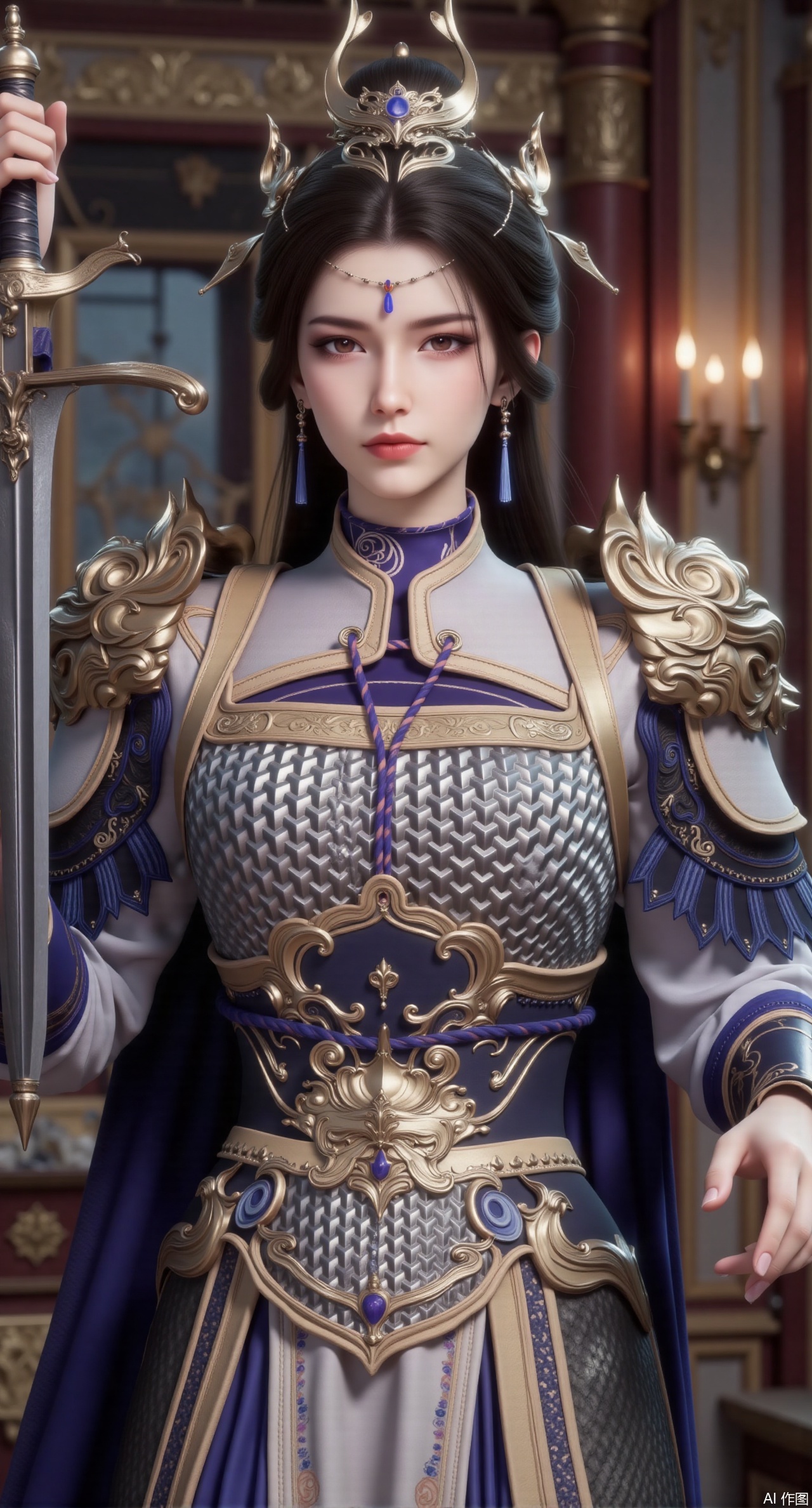 (masterpiece:1.2),best quality,(UE5.5,rendered with Unreal Engine 5,Unreal Engine 5,CG rendering:1.1),female general in blue-silver armor, palace background, raising sword, cold and elegant expression, royal demeanor, soft indoor lighting, 4k resolution, natural skin tone, high-level facial rendering, luxurious material textures,(huge breasts:2.99),(full breasts:2.99),,Xqianqianmeinu,Xmoxionghanfu,Xleisiqipao,Xxeushengxiaofu,Xxiajixiaofu,Xzileisiqipao,XluxueqiXY2,Xyaoyuexianzi,Xyuyuanchuyu2,Xfenhanfududou