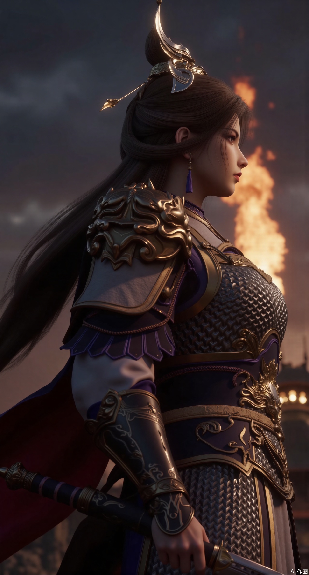 (masterpiece, best quality:1.2),,(UE5.5,rendered with Unreal Engine 5,Unreal Engine 5,CG rendering:1.1),.(huge breasts:2.69),A female general wearing a phoenix-winged helmet dons vermilion mountain-textured armor, with spreading phoenixes carved on her shoulder guards. Standing on a beacon tower, sword in hand, she gazes at the distant smoke signals. Behind her, the beacon blazes, with the orange-red flames contrasting sharply against the night sky. The edges of her armor glow like embers. Exquisite details of the phoenix carvings, dynamic flames, profound texture of the night sky, high-contrast lighting, ancient war scene, 8K quality..(huge breasts:2.99),(full breasts:2.99),Xdongjixiaofu,Xlanbaixiaofu,XkjwjlzyY,XLiquidGlass,XiPhone17Pro,Xshuilian,XzhuxianbiyaoX,Xfenlanliantiyongyi,Xvangoghs,Xzisehanfu,XluxueqiXY,Xyaoyue,Xyuyuanchuyu,Xsexhanfududou