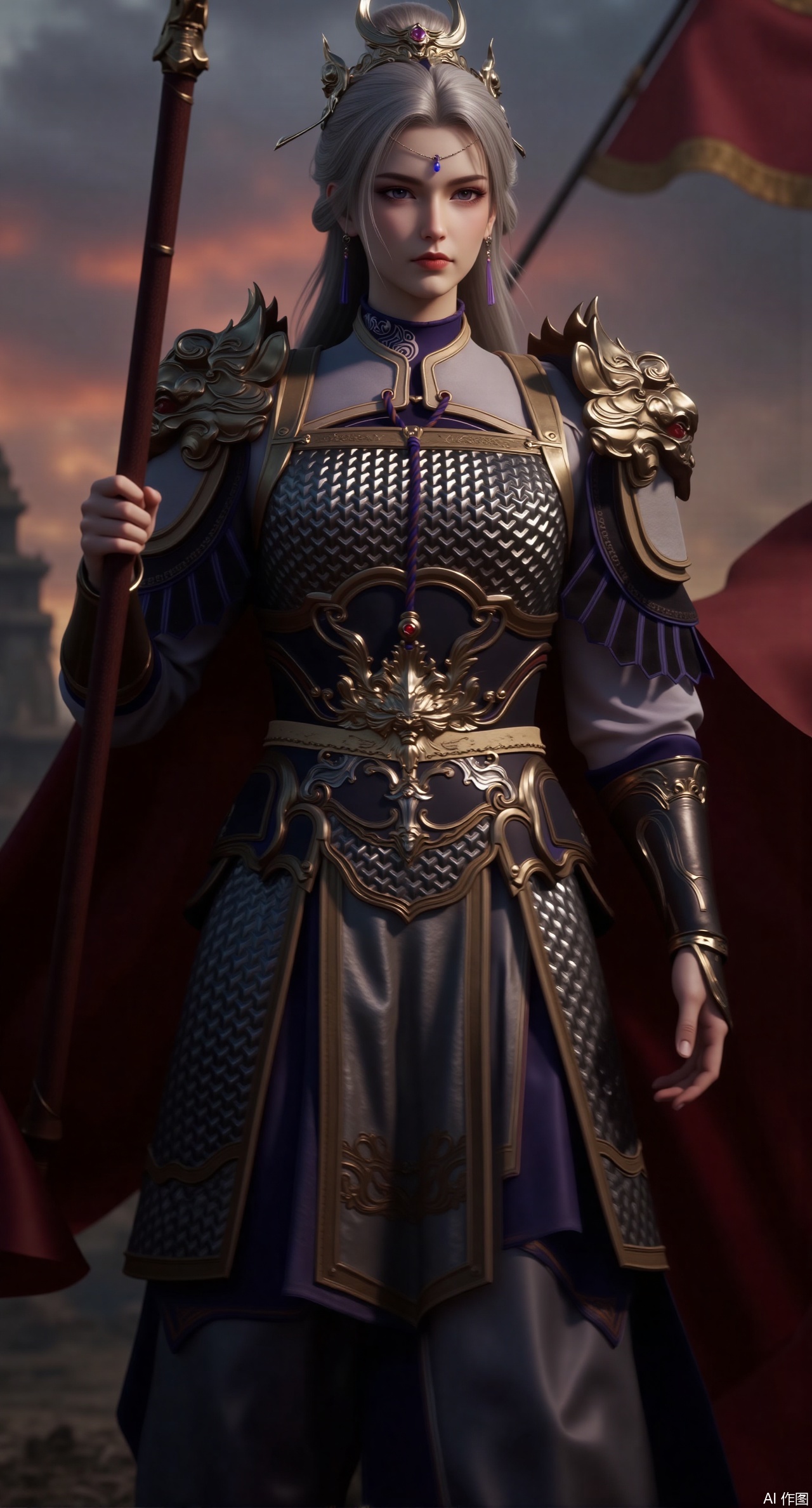 (masterpiece, best quality:1.2),A silver-haired female general wears a black iron chainmail armor, the scales glinting with a cold blue sheen. Her scarlet cape billows in the wind. Holding a gold-inlaid spear in one hand, its tip impales a tattered enemy flag. Behind her lies a battlefield shrouded in smoke, with the crimson sunset casting a bloody glow on her armor. Ultra-high-definition details, realistic metallic reflections on the armor, dynamic fabric wrinkles, strong light-shadow contrast, epic battle atmosphere, 8K quality.(huge breasts:2.99),(full breasts:2.99),Xdongjixiaofu,Xlanbaixiaofu,XkjwjlzyY,XLiquidGlass,XiPhone17Pro,Xshuilian,XzhuxianbiyaoX,Xfenlanliantiyongyi,Xvangoghs,Xzisehanfu,XluxueqiXY,Xyaoyue,Xyuyuanchuyu,Xsexhanfududou