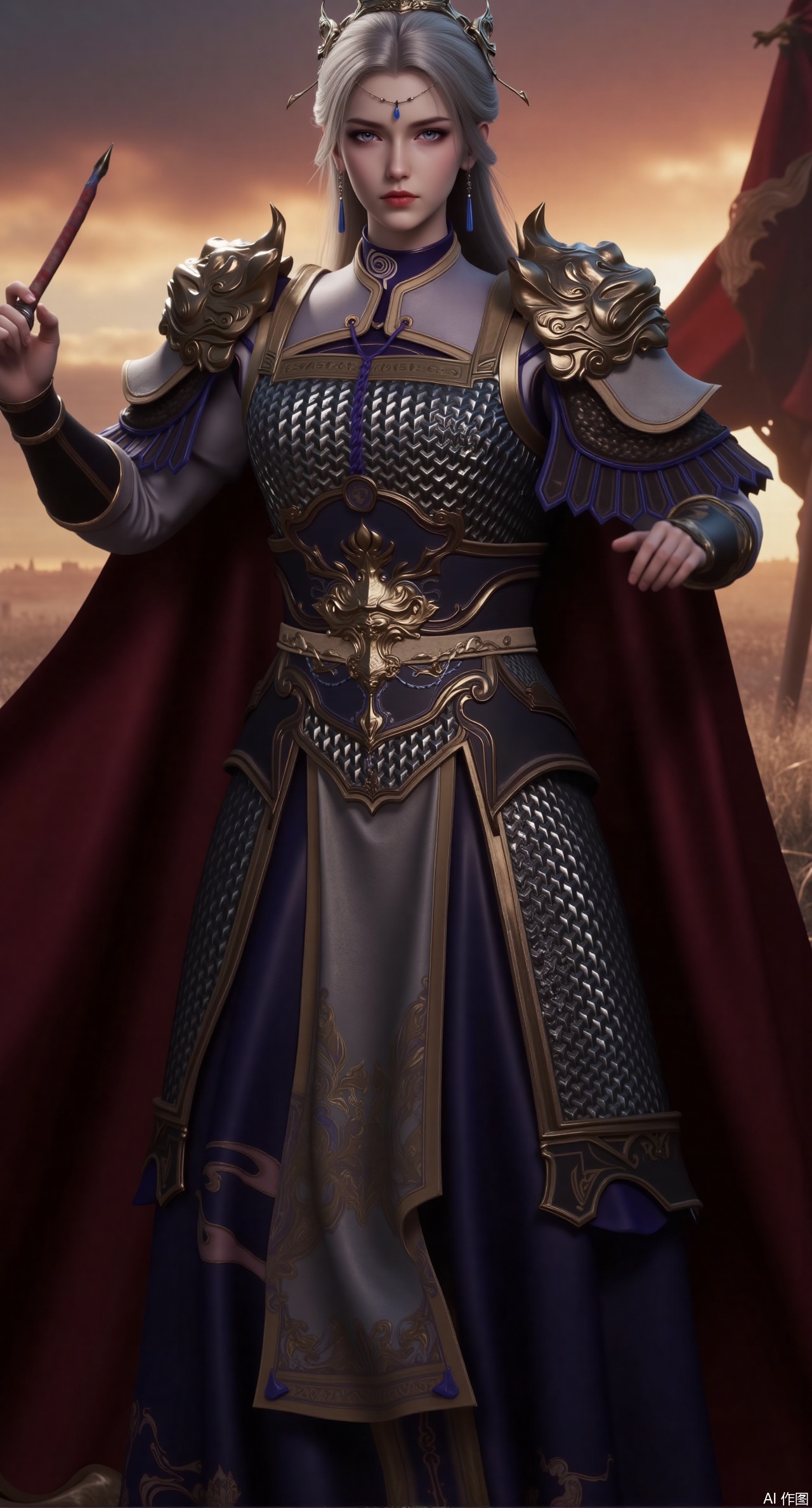 (masterpiece, best quality:1.2),A silver-haired female general wears a black iron chainmail armor, the scales glinting with a cold blue sheen. Her scarlet cape billows in the wind. Holding a gold-inlaid spear in one hand, its tip impales a tattered enemy flag. Behind her lies a battlefield shrouded in smoke, with the crimson sunset casting a bloody glow on her armor. Ultra-high-definition details, realistic metallic reflections on the armor, dynamic fabric wrinkles, strong light-shadow contrast, epic battle atmosphere, 8K quality.(huge breasts:2.99),(full breasts:2.99),Xdongjixiaofu,Xlanbaixiaofu,XkjwjlzyY,XLiquidGlass,XiPhone17Pro,Xshuilian,XzhuxianbiyaoX,Xfenlanliantiyongyi,Xvangoghs,Xzisehanfu,XluxueqiXY,Xyaoyue,Xyuyuanchuyu,Xsexhanfududou