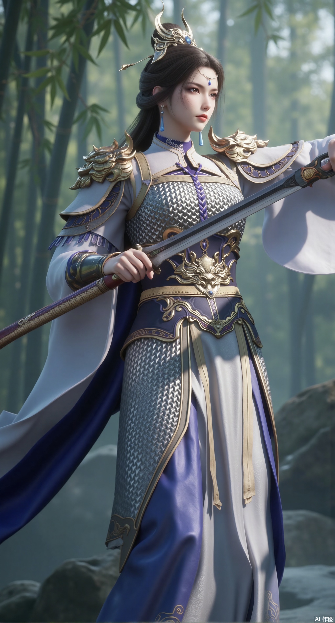 (masterpiece, best quality:1.2),,(UE5.5,rendered with Unreal Engine 5,Unreal Engine 5,CG rendering:1.1),A female general with her hair up in a bun wears light cyan fish-scale soft armor, draped in a white crane cloak. .(huge breasts:2.69),She gracefully wields a long sword with a jade hilt. Dancing amidst a bamboo grove, she sends leaves swirling around her. Behind her, a misty landscape painting shimmers, with soft moonlight silvering her blade. Flowing texture of the soft fabric, dappled bamboo shadows, elegant swordsmanship dynamics, ink-wash landscape background, poetic ancient atmosphere, 8K resolution..(huge breasts:2.99),(full breasts:2.99),Xdongjixiaofu,Xlanbaixiaofu,XkjwjlzyY,XLiquidGlass,XiPhone17Pro,Xshuilian,XzhuxianbiyaoX,Xfenlanliantiyongyi,Xvangoghs,Xzisehanfu,XluxueqiXY,Xyaoyue,Xyuyuanchuyu,Xsexhanfududou