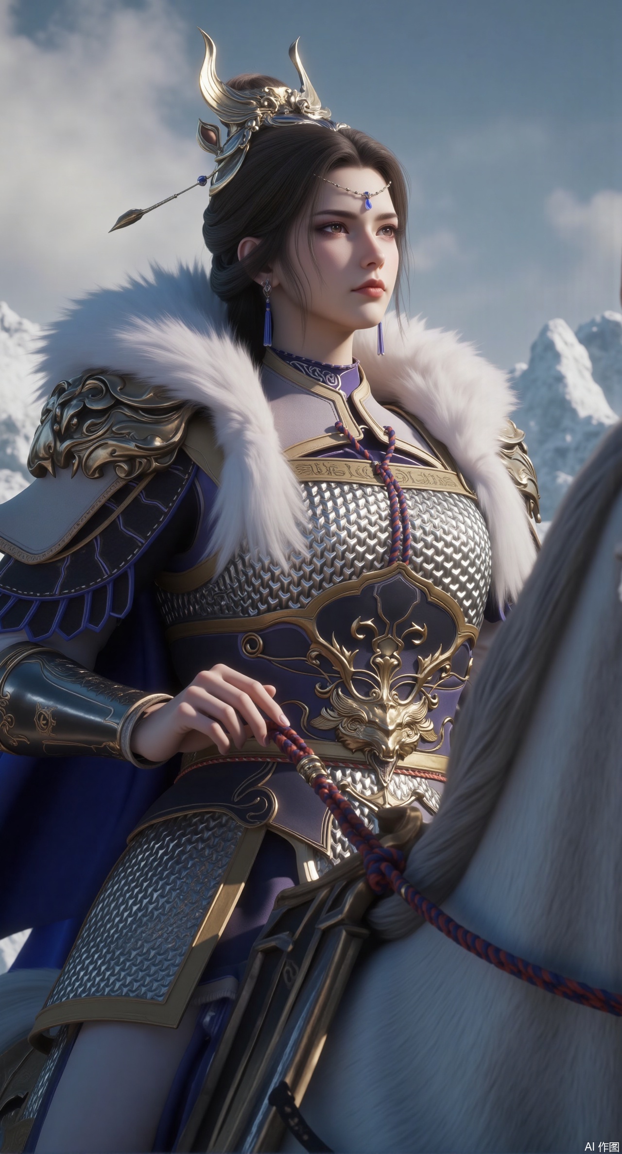 (masterpiece, best quality:1.2),A fierce-eyed female general dons red-copper fish-scale armor, with a white fox fur cloak draped over her shoulders and a jade-inlaid long sword at her waist. Riding a pure white warhorse, she holds the reins and gazes into the distance. Behind her stands a snow-covered fortress wall, with frigid moonlight illuminating the hidden patterns on her armor. Delicate metallic texture, fluffy fox fur, global illumination under soft moonlight, muscular lines of the horse, ancient-style scene rendering, 8K resolution..(huge breasts:2.99),(full breasts:2.99),Xdongjixiaofu,Xlanbaixiaofu,XkjwjlzyY,XLiquidGlass,XiPhone17Pro,Xshuilian,XzhuxianbiyaoX,Xfenlanliantiyongyi,Xvangoghs,Xzisehanfu,XluxueqiXY,Xyaoyue,Xyuyuanchuyu,Xsexhanfududou