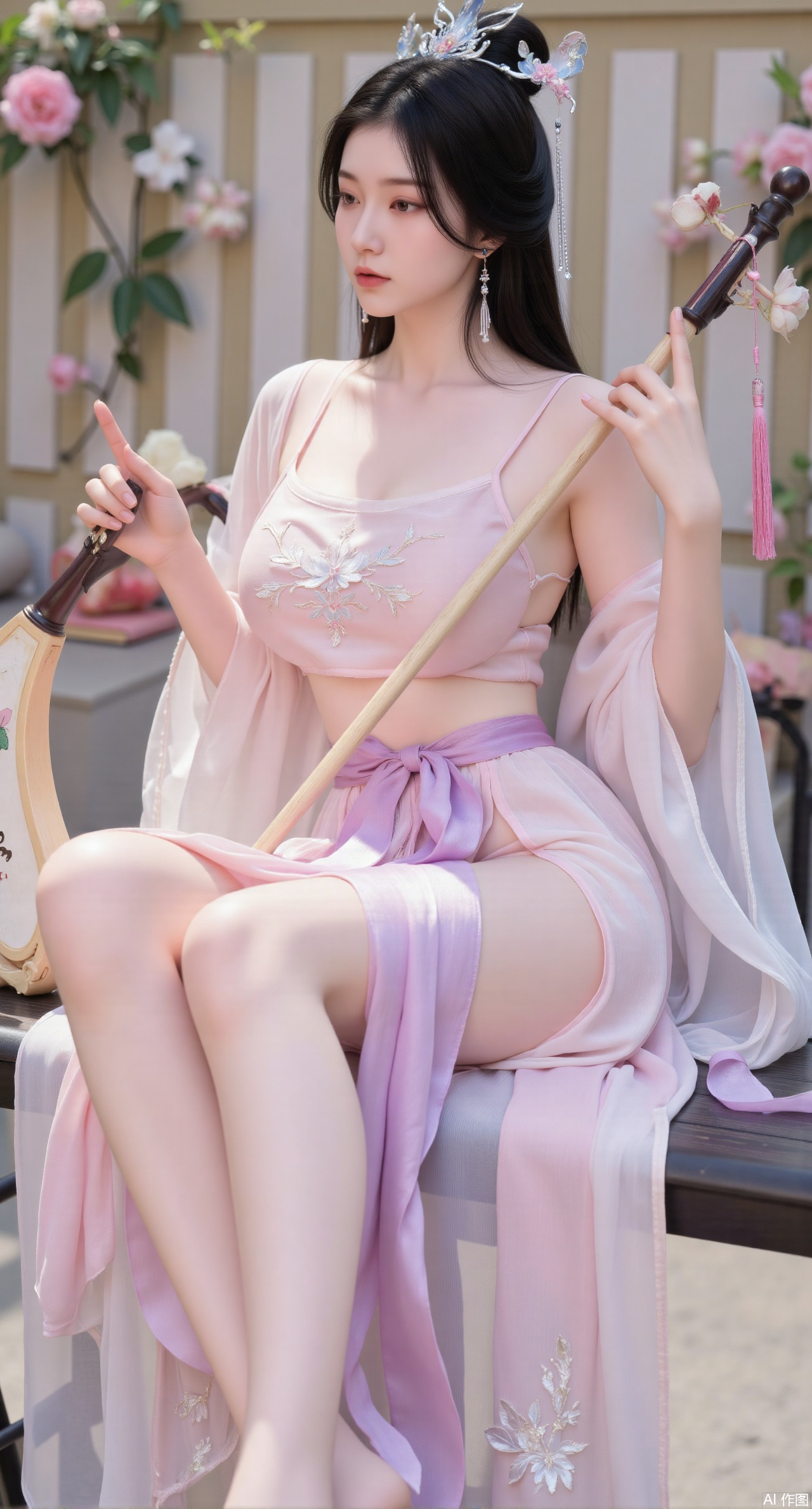 (masterpiece:1.2),best quality,(UE5.5,rendered with Unreal Engine 5,Unreal Engine 5,CG rendering:1.1),A flower courtesan wearing a jadeite hair crown dons a moon-white bellyband embroidered with grape vine patterns, paired with a light purple wide-sleeved ruqun. Sitting on a swing surrounded by blooming flowers, she plays the zheng. As she plucks the strings, falling pear blossoms dance with the musical notes. Behind her, a courtyard wall is covered with climbing roses, and sunlight rims her figure with gold. Transparent texture of jadeite, draping effect of silk, detailed strings of the zheng, falling petal trajectories, bright and soft color tones, 8K resolution, fine dynamic rendering, romantic spring atmosphere.,(huge breasts:2.99),(full breasts:2.99),,Xmoxionghanfu,XluxueqiXY2,Xyaoyuexianzi,Xyuyuanchuyu2,Xfenhanfududou