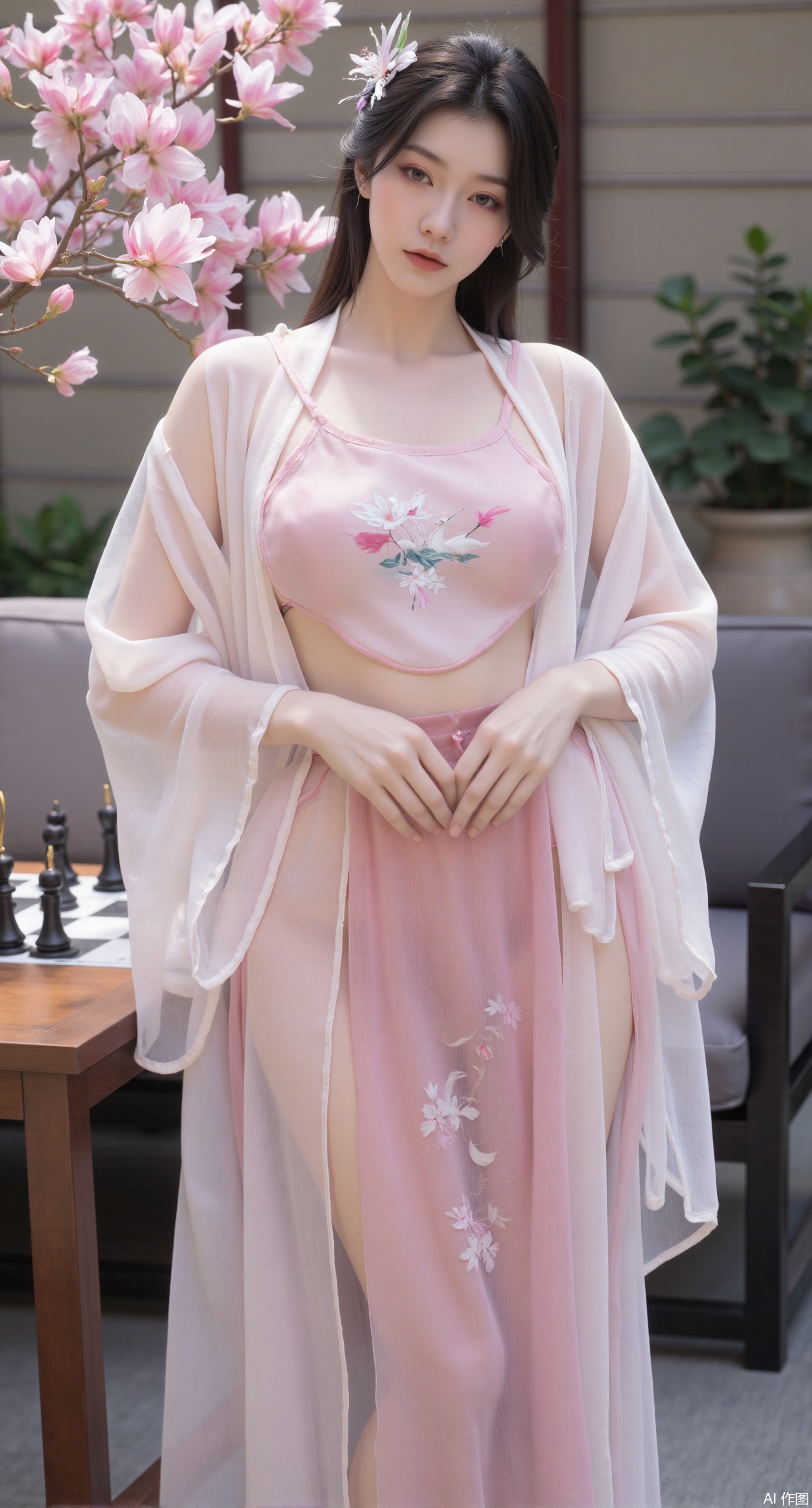 (masterpiece, best quality:1.2),,(UE5.5,rendered with Unreal Engine 5,Unreal Engine 5,CG rendering:1.1),.(huge breasts:2.69),A flower courtesan with a pearl hairpin in her coiffure dons a lotus-pink bellyband embroidered with twin lotus flowers and mandarin ducks playing in water. She wears a pink sheer wide-sleeved robe over it. Playing Go in a pavilion, black and white stones are neatly arranged on the chessboard. Behind her, a blooming begonia tree stands, with sunlight filtering through the flowers and casting shadows on the board and her skirt. Realistic pearl reflection, translucent texture of sheer fabric, wooden grain of the chessboard, delicate petal layers, soft light-shadow transition, 8K quality, bright spring atmosphere, fine brushstrokes..(huge breasts:2.99),(full breasts:2.99),Xzisehanfu,XluxueqiXY,Xyaoyue,Xyuyuanchuyu,Xsexhanfududou