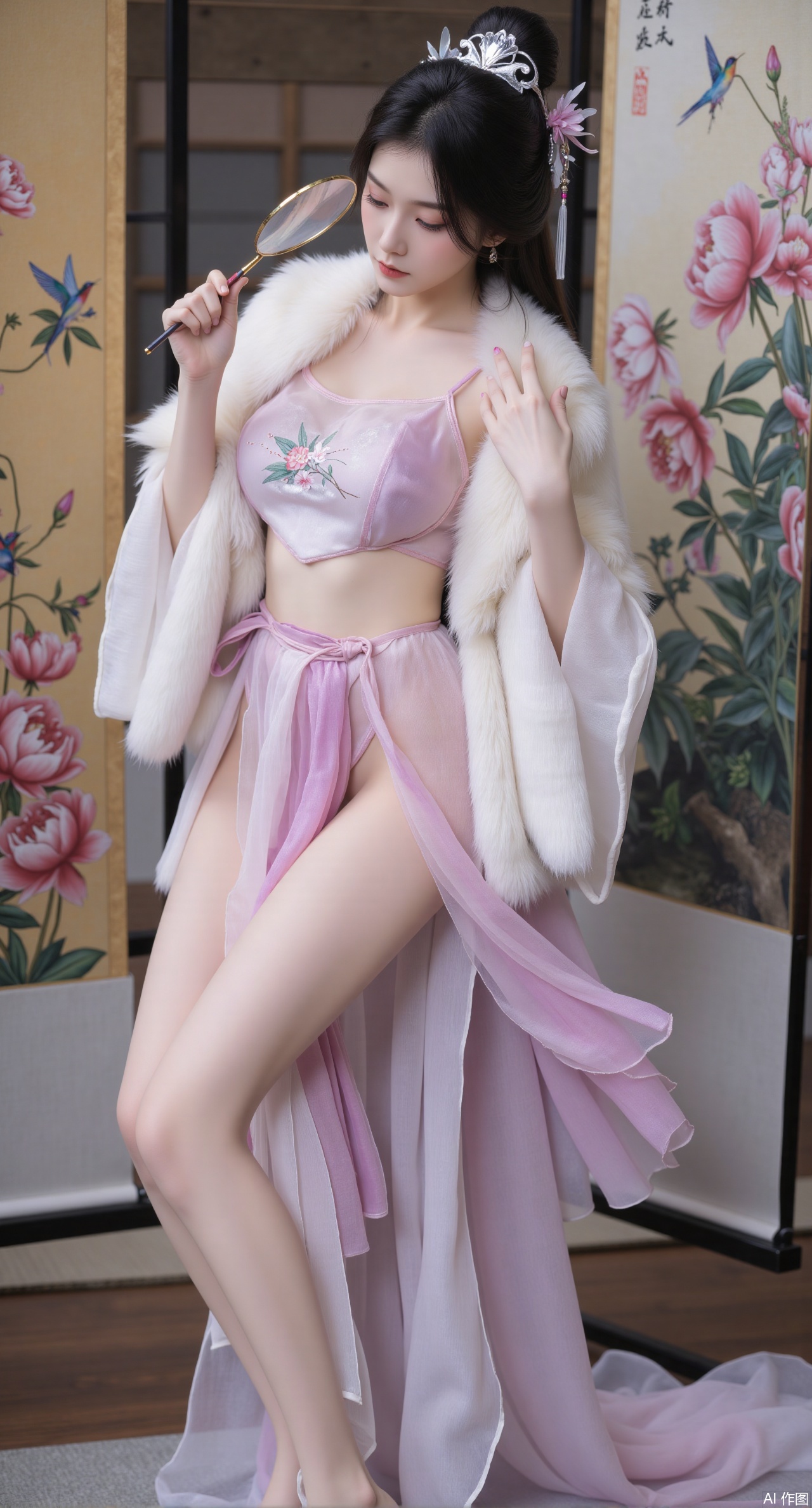 (masterpiece, best quality:1.2),,(UE5.5,rendered with Unreal Engine 5,Unreal Engine 5,CG rendering:1.1),.(huge breasts:2.69),A flower courtesan with a snow-white fox fur stole around her neck dons a lilac-purple bellyband embroidered with hummingbirds playing among flower stamens. In the Peony Pavilion, she appreciates a scroll painting. Holding a magnifying glass, she examines the ancient artwork closely. Beside her, a flower stand displays peonies in full bloom. As the spring breeze blows, it lifts the edges of the silk scroll. Soft fur of the fox stole, yellowed texture of the ancient painting, vibrant colors of peonies, luster of the silk scroll, bright and rich color tones, 8K quality, fine detail portrayal, soft natural lighting..(huge breasts:2.99),(full breasts:2.99),Xzisehanfu,XluxueqiXY,Xyaoyue,Xyuyuanchuyu,Xsexhanfududou