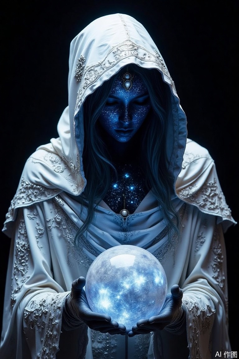 The image is a portrait of a woman wearing a white hooded cloak with intricate designs on it
The cloak is made of a sheer fabric with a high neckline and long sleeves
The woman's face is covered in blue glitter, giving her a mystical and ethereal appearance
She is holding a crystal ball in her hands, which appears to be glowing with a blue light
The background is black, making the woman and the crystal ball stand out even more
The overall mood of the image is dark and mysterious.