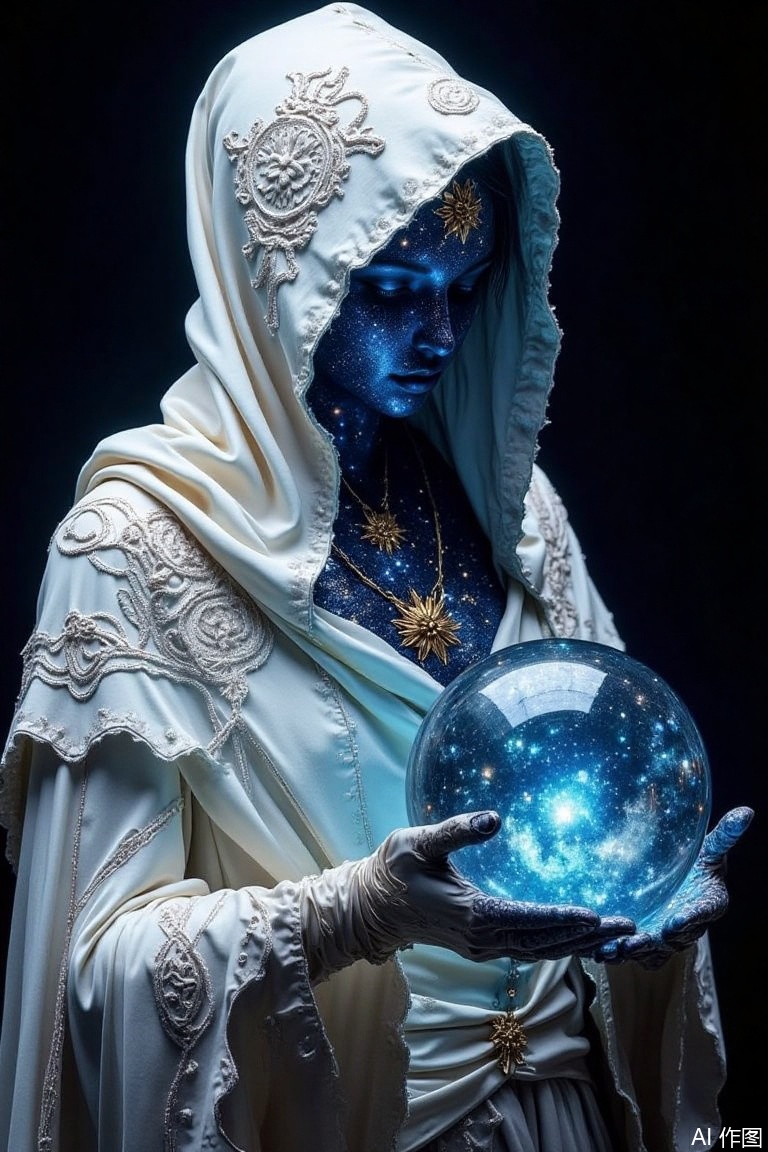 The image is a portrait of a woman wearing a white hooded cloak with intricate designs on it
The cloak is made of a sheer fabric with a high neckline and long sleeves
The woman's face is covered in blue glitter, giving her a mystical and ethereal appearance
She is holding a crystal ball in her hands, which appears to be glowing with a blue light
The background is black, making the woman and the crystal ball stand out even more
The overall mood of the image is dark and mysterious.