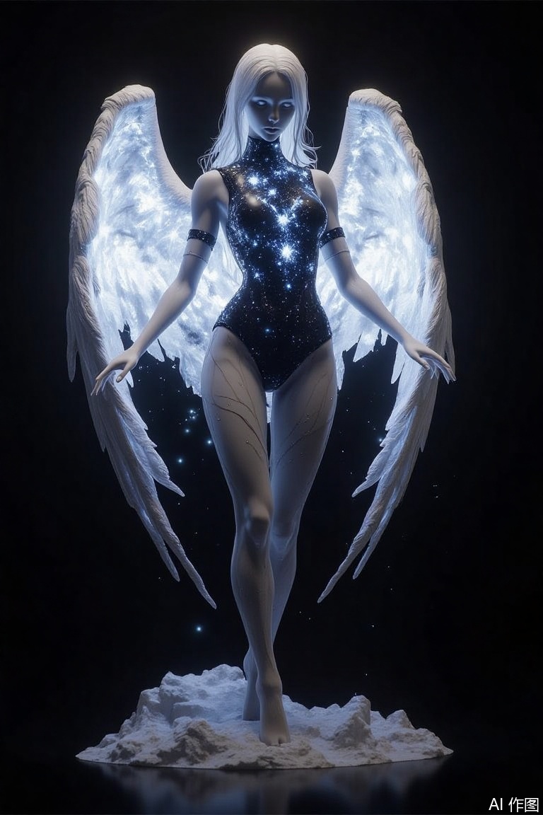 The image is a digital art piece that appears to be a representation of an angel
The angel is standing on a rock with its wings spread out behind it
She is wearing a black bodysuit with silver sequins that sparkle in the light
Her hair is long and white, and she has a serene expression on her face
The background is dark, making the angel stand out even more
The overall mood of the image is mystical and dreamlike.