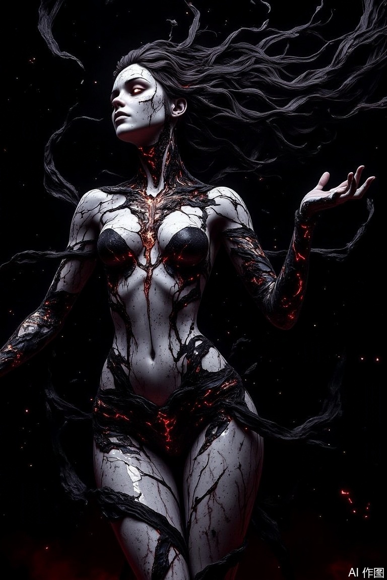 The image is a digital art piece that appears to be a representation of a woman in a dark and eerie setting
The woman is in a crouching position, with her arms stretched out to the sides and her legs bent at the knees
She is wearing a black and white outfit with intricate patterns and designs on her body
Her hair is flowing in the wind and cascades down her back, creating a sense of movement and energy
The background is a deep black, with splashes of red and white, giving the image a dramatic and mysterious feel
The overall mood of the image is dark and foreboding.