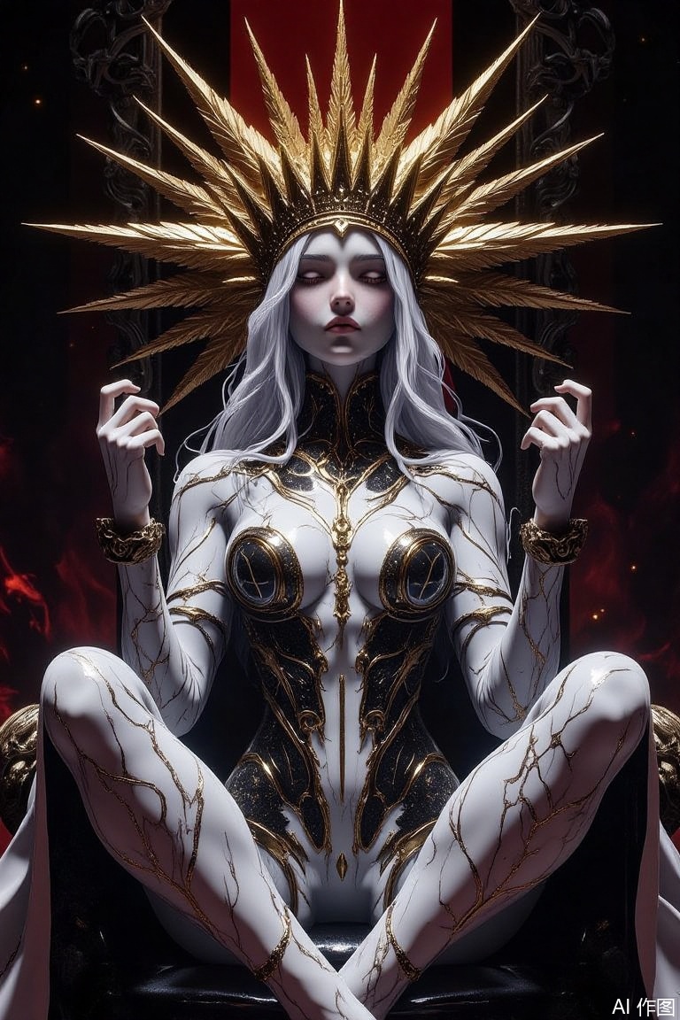 The image is a digital illustration of a woman sitting on a throne-like structure
The woman is wearing a white and black outfit with intricate patterns and designs
She has long white hair that is styled in loose waves and cascades over her shoulders
Her head is covered in a large, golden crown with spikes on top
She is holding two hands in her hands and appears to be in a meditative pose
The background is dark and ominous, with a hint of red and gold accents
The overall mood of the image is mystical and mystical.
