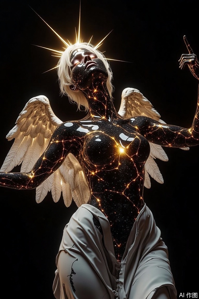 The image is a digital art piece that appears to be a representation of an angel
The angel is standing with her arms stretched out to the sides and her head tilted upwards, as if she is looking up towards the sky
She has blonde hair that is styled in loose waves and is wearing a white dress with gold accents. The angel's body is covered in a black and gold pattern, which is made up of lines and dots that form a nebula-like design
The lines are connected to each other, creating a network-like effect
The dots are arranged in a way that creates a sense of depth and dimension
The background is black, making the angel and the nebula stand out even more
The overall mood of the image is mystical and dreamlike.