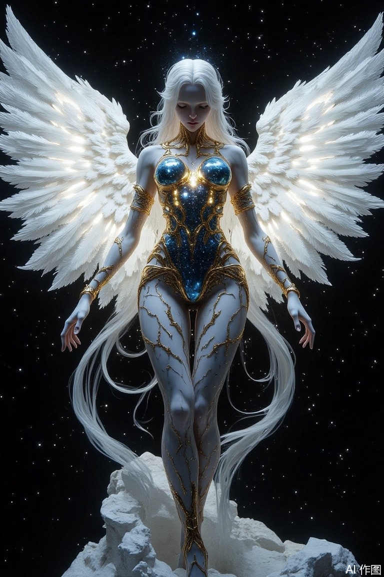 The image is a digital art piece that appears to be a representation of an angel
The angel is standing on a rocky surface with its wings spread wide, creating a sense of power and majesty
The wings are white and fluffy, with intricate details and patterns
The background is black, with small white dots scattered throughout, giving the impression of a starry night sky. The angel is wearing a blue and gold outfit with a metallic sheen, and her body is covered in intricate patterns and designs
She has long white hair that is flowing in the wind
Her eyes are closed, and she has a peaceful expression on her face
The overall mood of the image is serene and mystical.