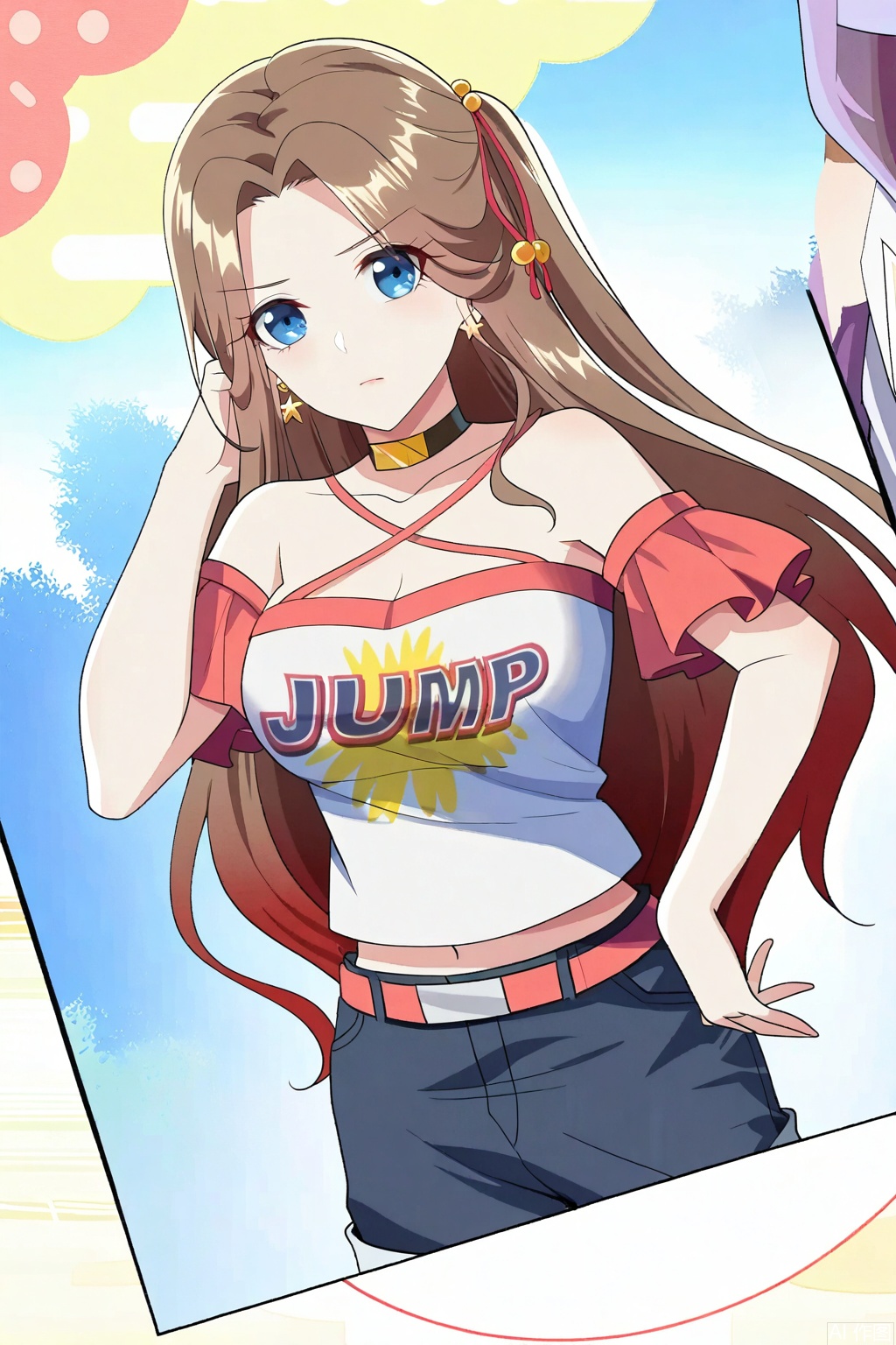 1girl, long hair, breasts, looking at viewer, blue eyes, large breasts, brown hair, shirt, navel, cleavage, bare shoulders, jewelry, very long hair, white shirt, earrings, shorts, choker, midriff, belt, masterpiece,best quality,official art,extremely detailed CG unity 8k wallpaper,
Random scene,upper body,looking at viewer,