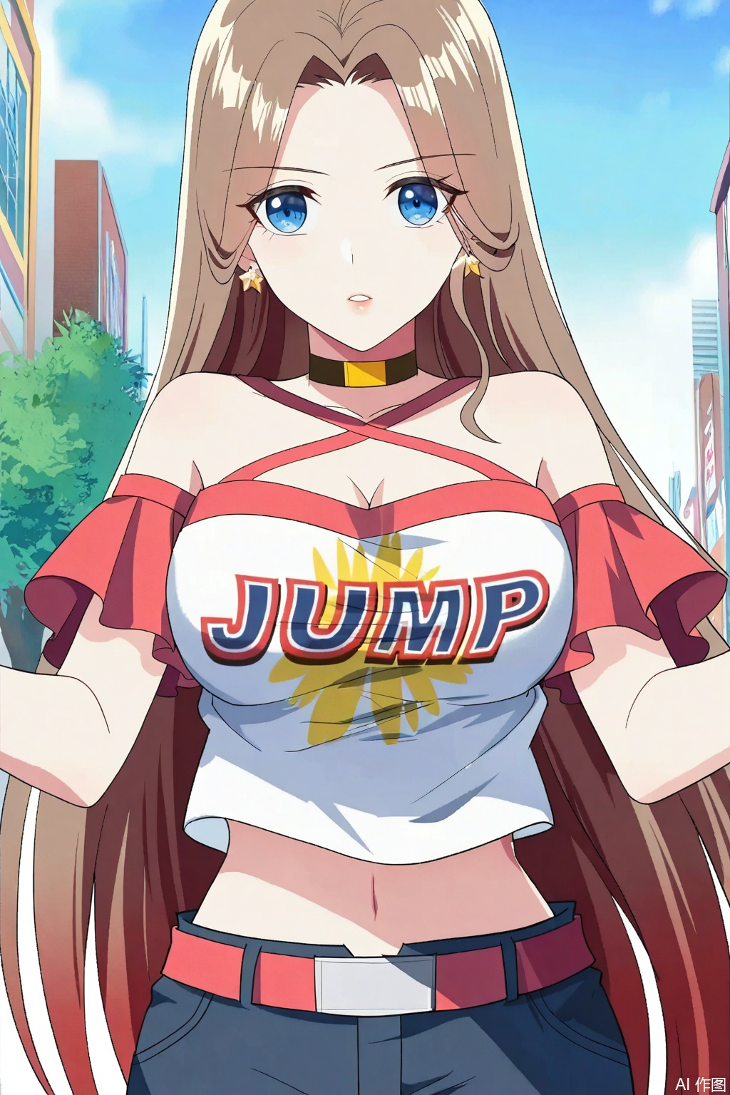 1girl, long hair, breasts, looking at viewer, blue eyes, large breasts, brown hair, shirt, navel, cleavage, bare shoulders, jewelry, very long hair, white shirt, earrings, shorts, choker, midriff, belt, masterpiece,best quality,official art,extremely detailed CG unity 8k wallpaper,
Random scene,upper body,looking at viewer,
